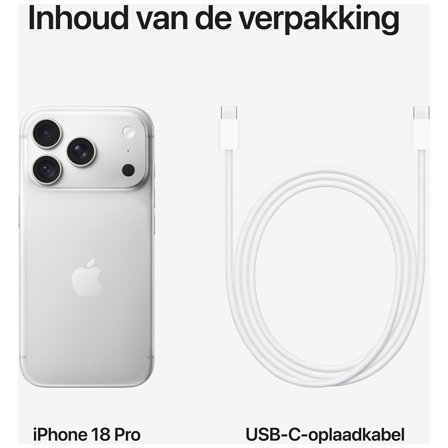 Inhoud van de verpakking: Een zilveren iPhone en een witte USB-C-oplaadkabel.