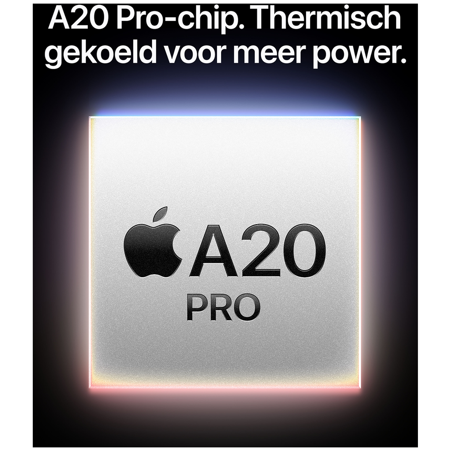 A20 Pro chip met Apple-logo op zilveren achtergrond, omrand met gekleurd licht.