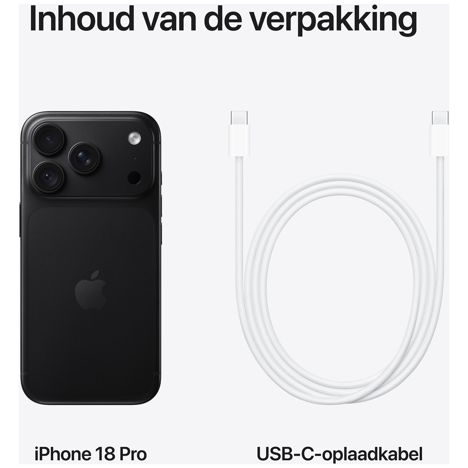 Inhoud van de verpakking: Zwarte iPhone 18 Pro en een witte USB-C-oplaadkabel.