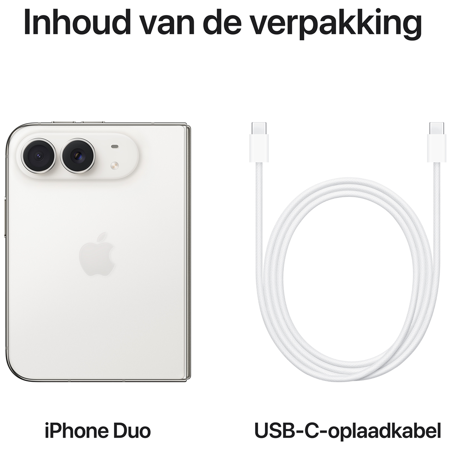 Inhoud van de verpakking met een witte iPhone Duo en een witte USB-C-oplaadkabel.