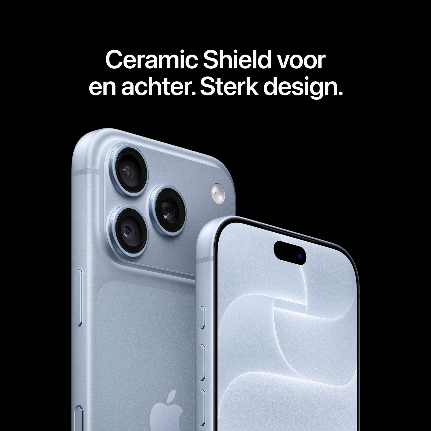 Blauwe smartphones met drievoudige camera en Nederlandse tekst.