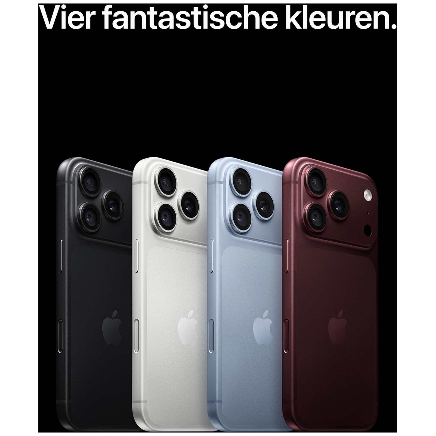 Vier smartphones in zwart, wit, blauw en rood staan naast elkaar tegen een zwarte achtergrond.