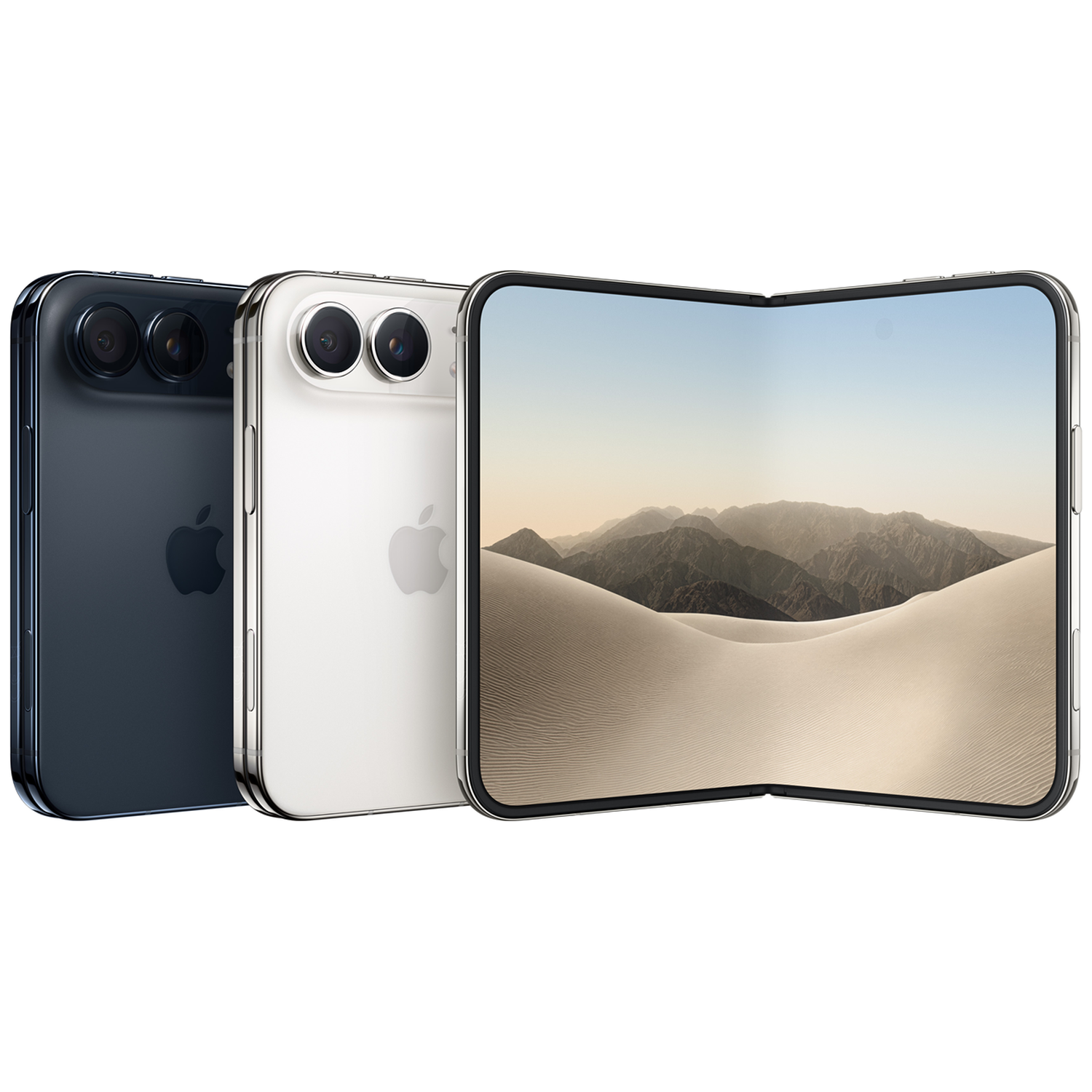 Drie smartphones met dubbele camera, waarvan één opengeklapt met een woestijn- en berglandschap op het scherm.