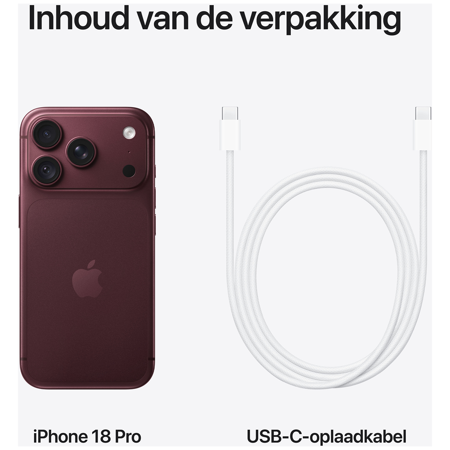 Inhoud van de verpakking: Een donkerrode iPhone en een witte USB-C-oplaadkabel.