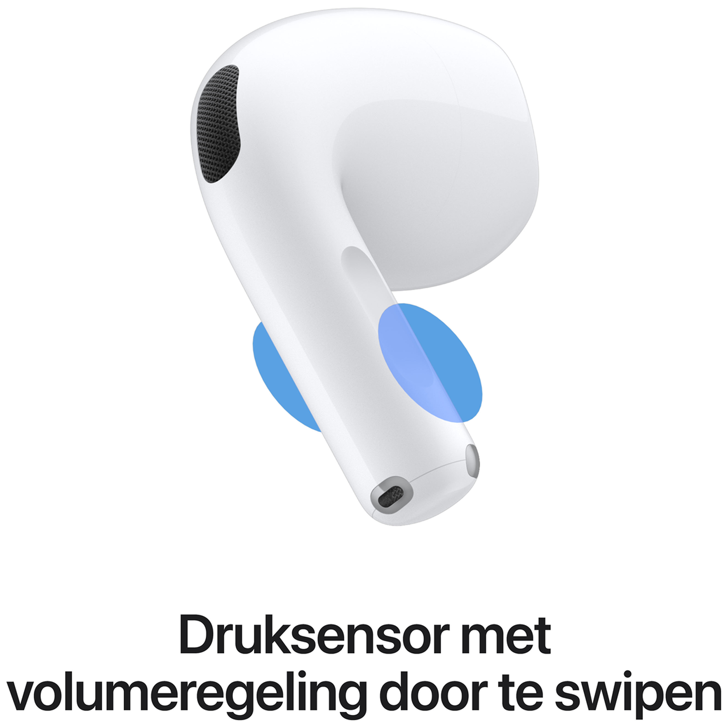 Een witte draadloze oortelefoon met een blauw gemarkeerd aanraaksensorgebied en Nederlandse tekst.