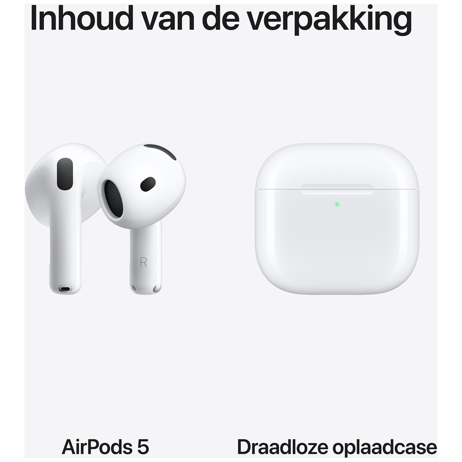 Witte AirPods en een draadloze oplaadcase tegen een witte achtergrond.