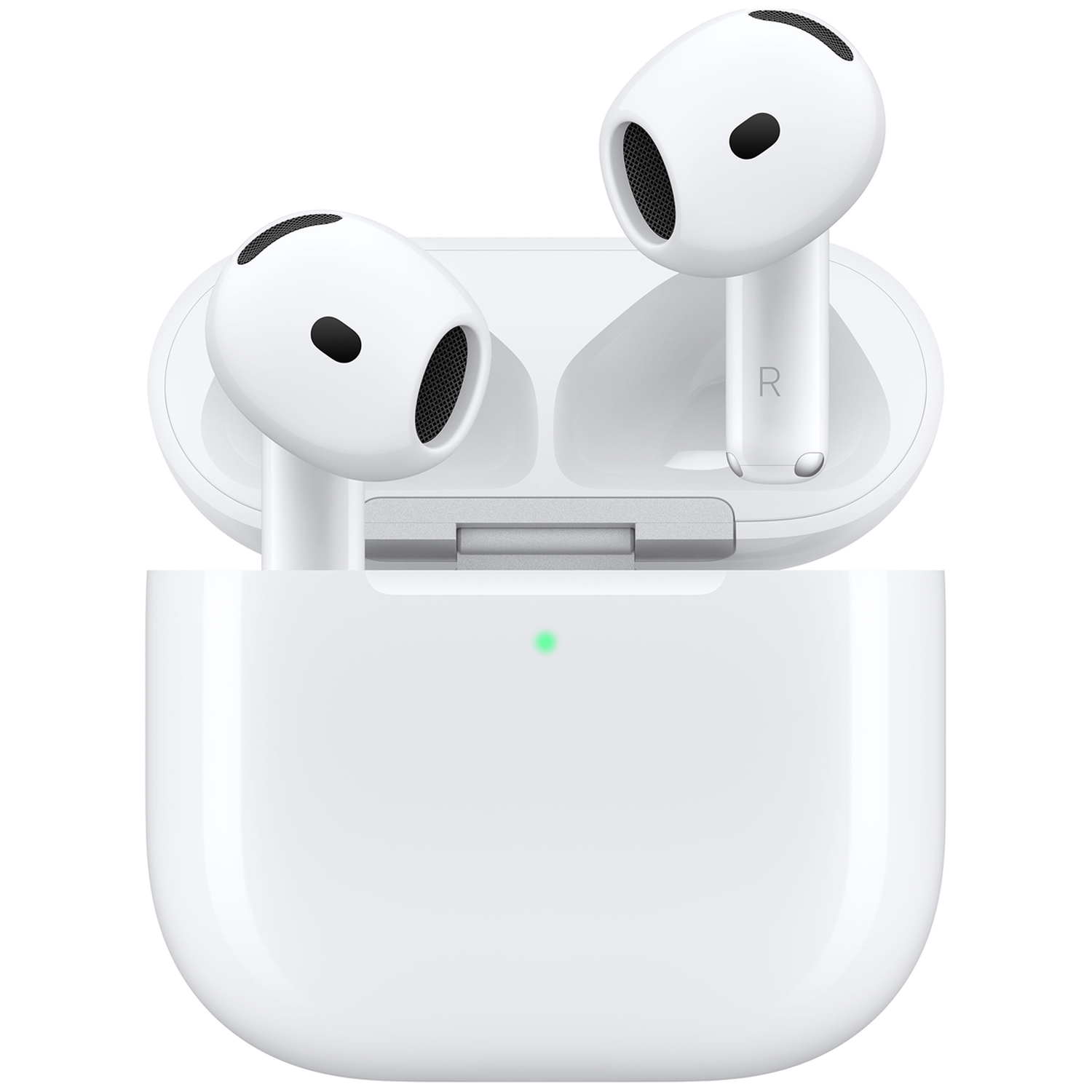 Witte Apple AirPods 4 in hun open oplaadcase met groen licht tegen een witte achtergrond.