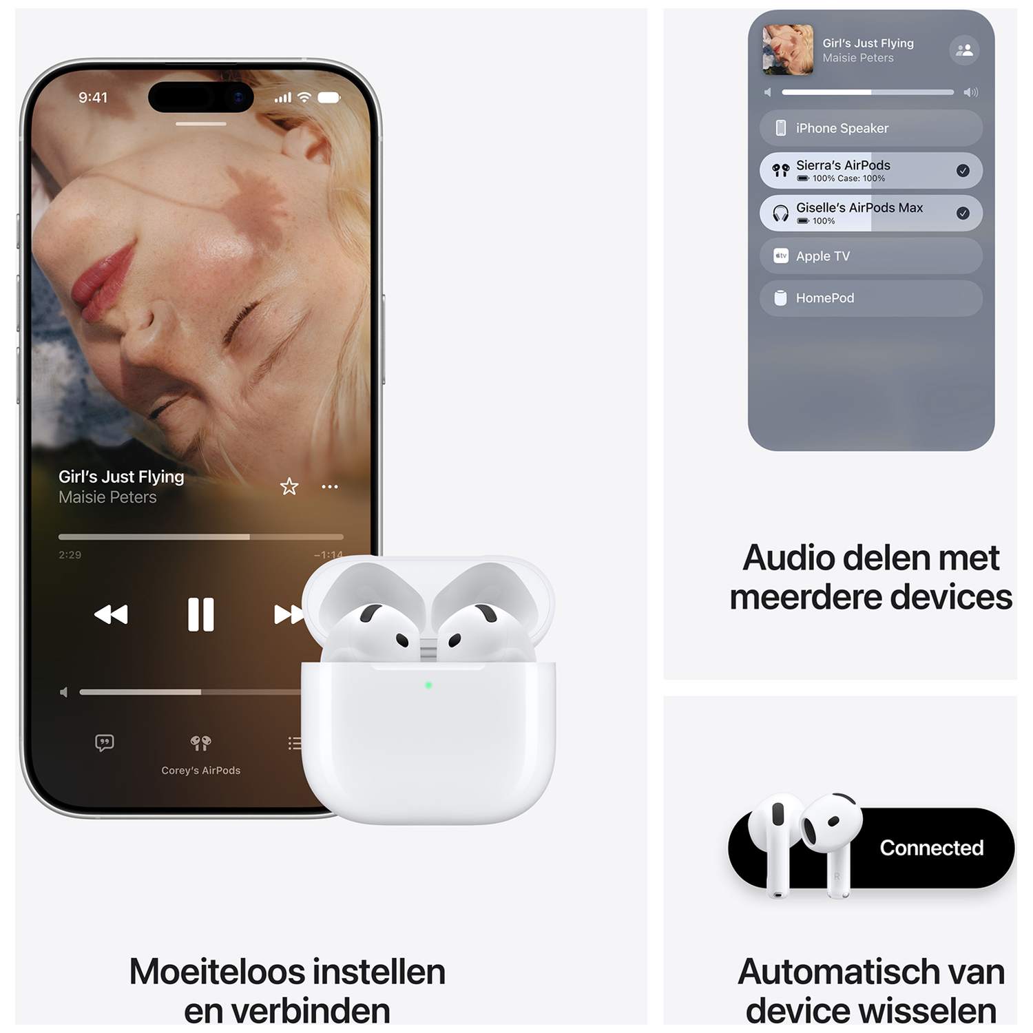 Een iPhone en een open AirPods-oplaadcase met oordopjes. Tekst onderaan: Moeiteloos instellen en verbinden.