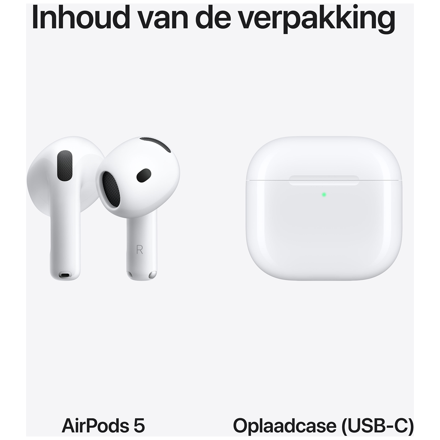 Witte AirPods en een oplaadcase op een lichte achtergrond.