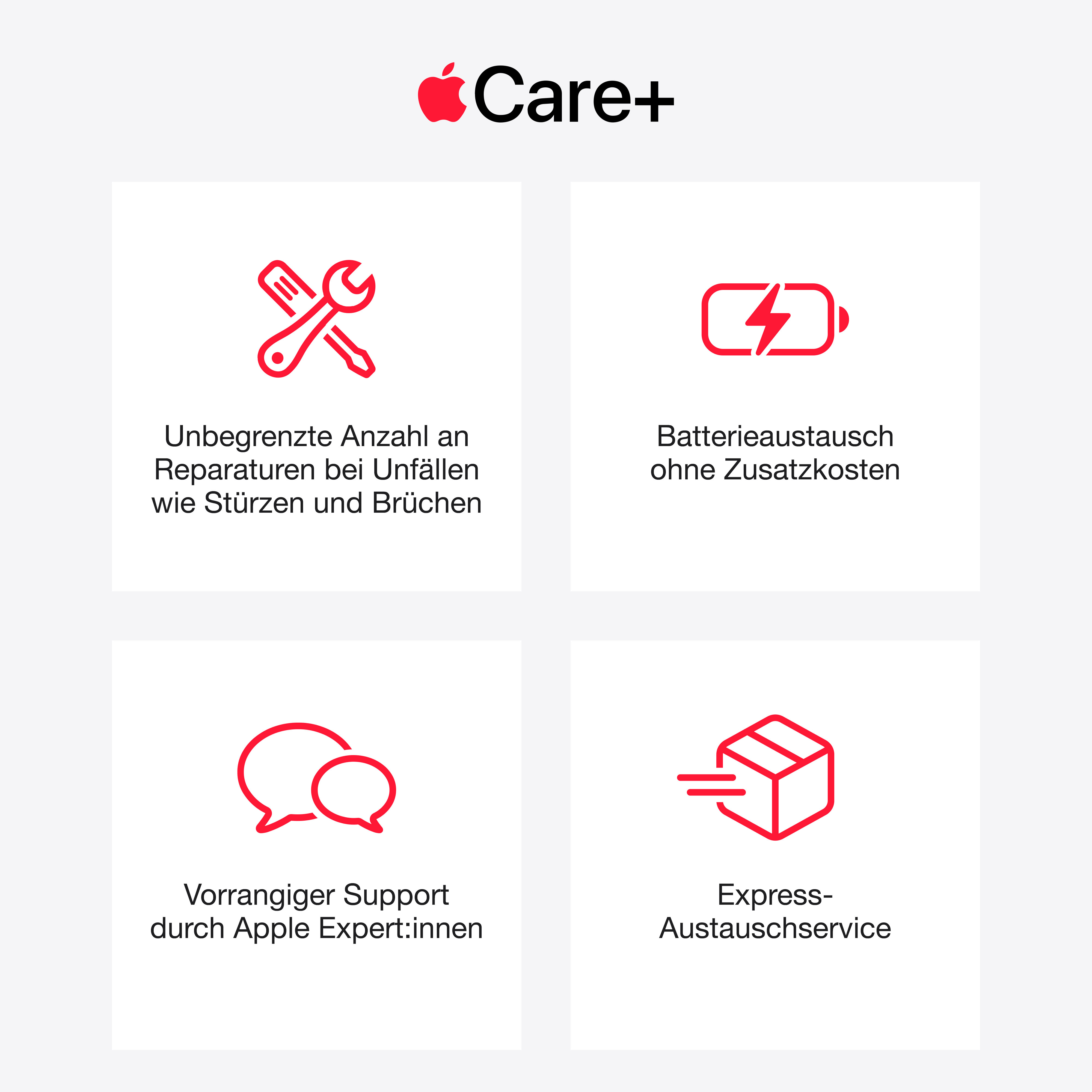 AppleCare+ Servicevorteile: unbegrenzte Reparaturen, Batterietausch, Support und Express-Austausch.