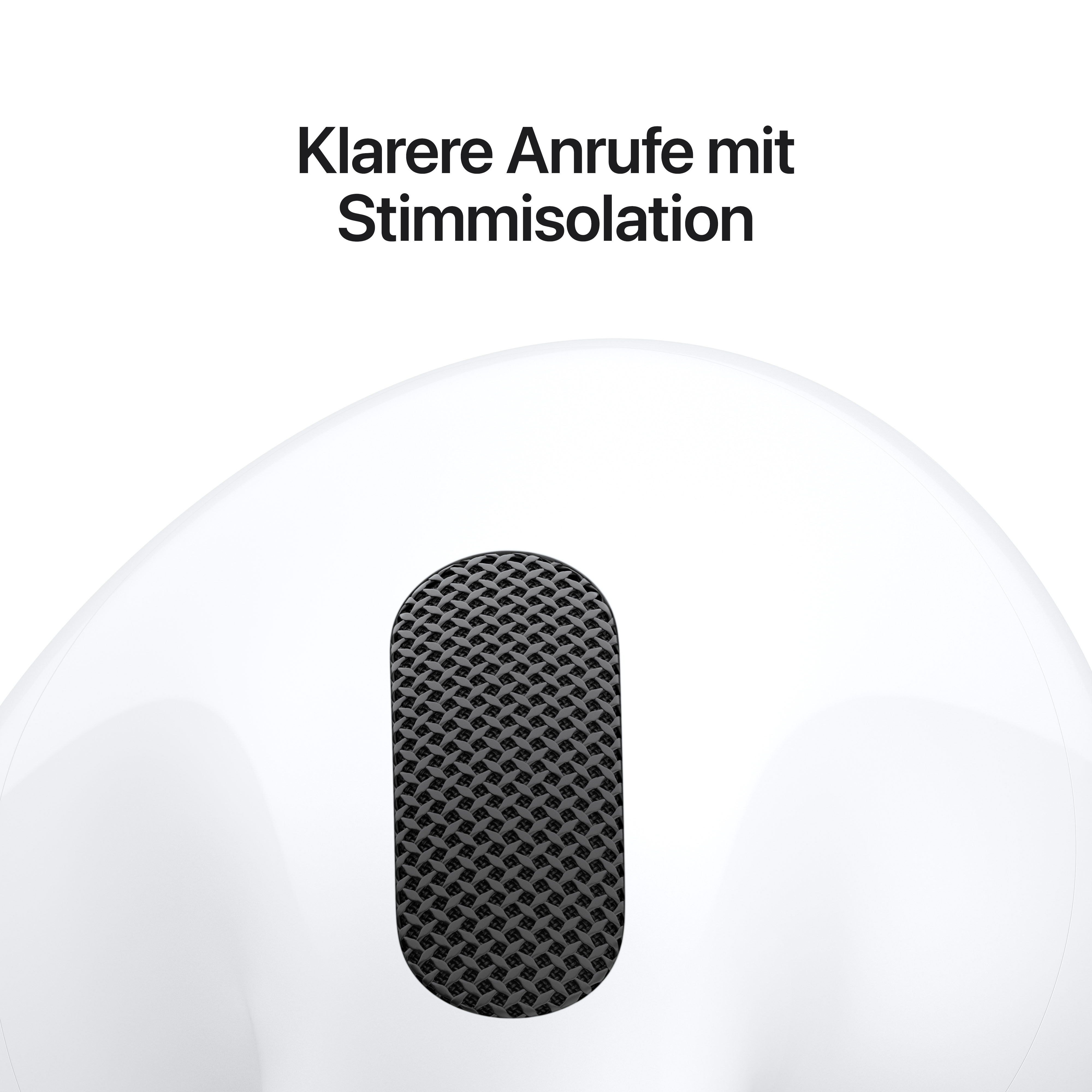 Nahaufnahme einer weißen Ohrhörer-Oberfläche mit schwarzem Mikrofon-Gitter und deutschem Text oben.