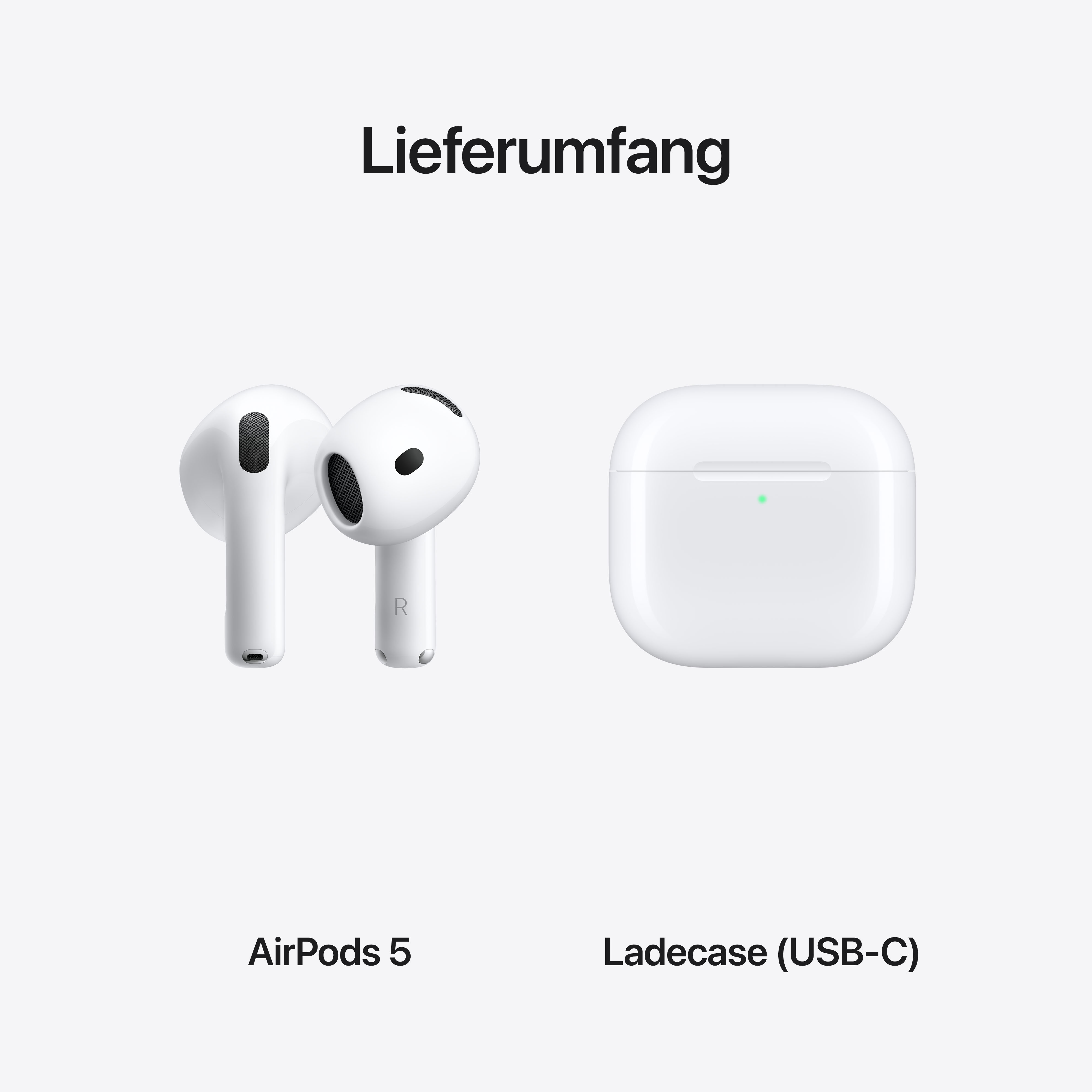 Lieferumfang von AirPods 5: zwei weiße Ohrhörer und ein weißes Ladecase mit USB-C.