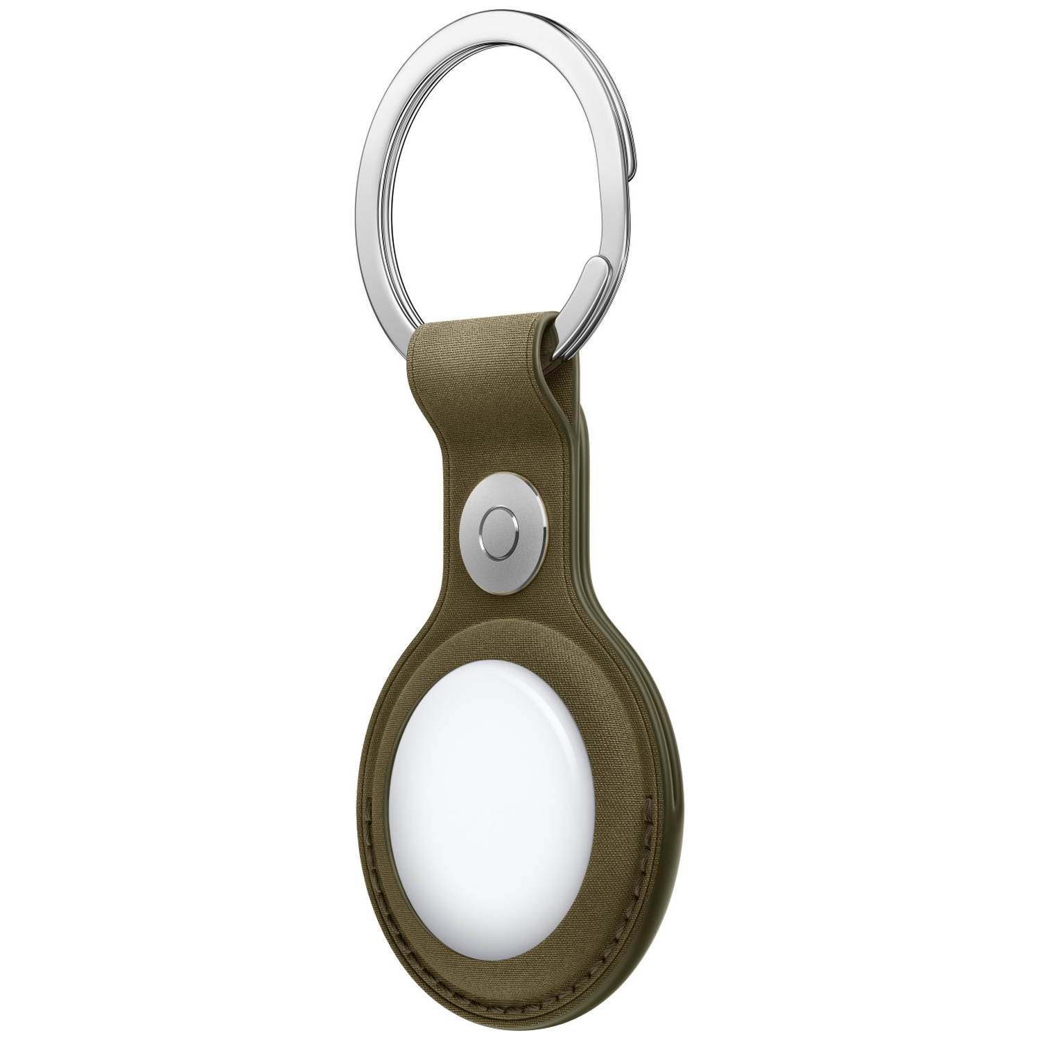 Un porte-clés vert olive avec un anneau argenté et un traqueur rond blanc au centre sur fond blanc.