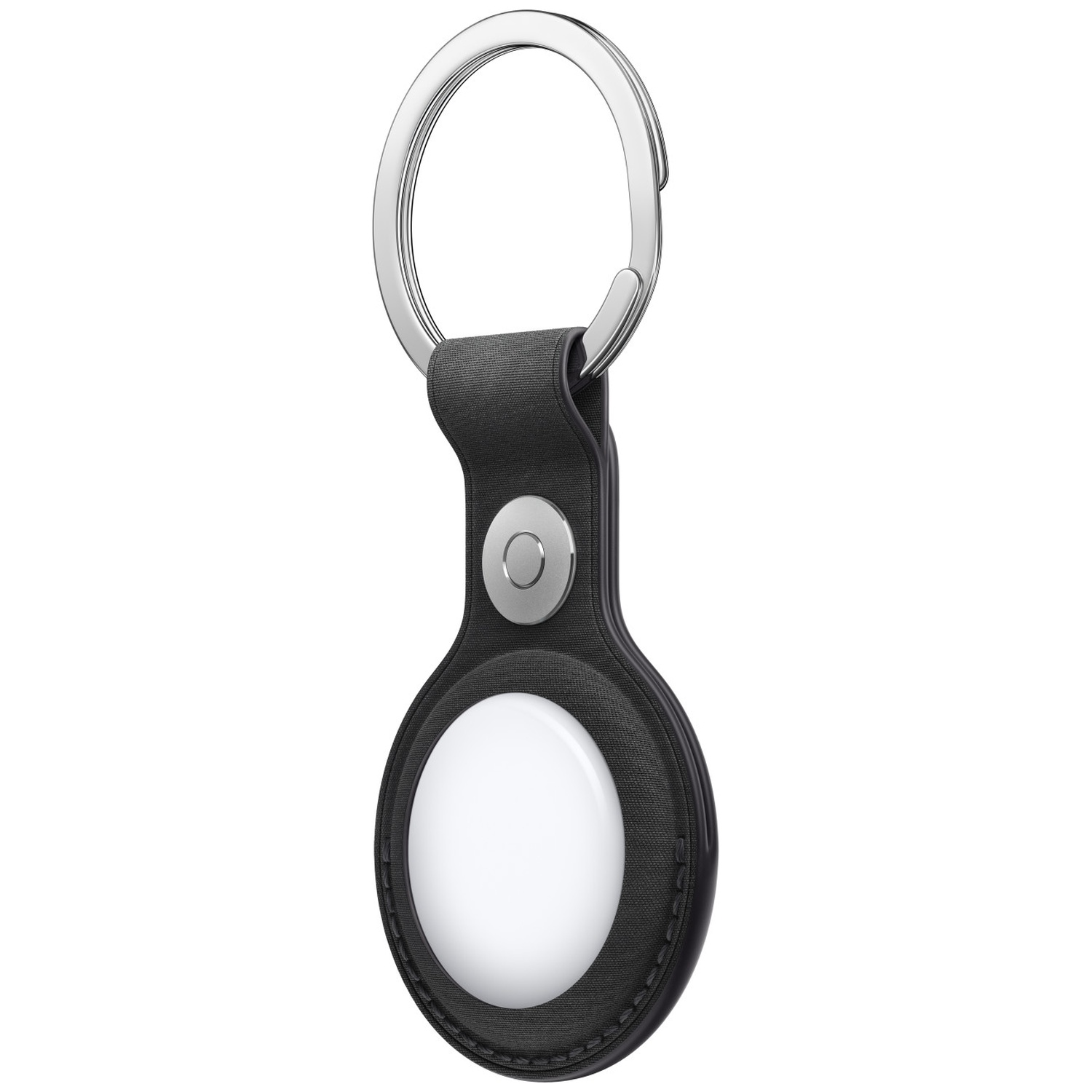 Un porte-clés en cuir noir avec un anneau argenté et un AirTag blanc au centre.