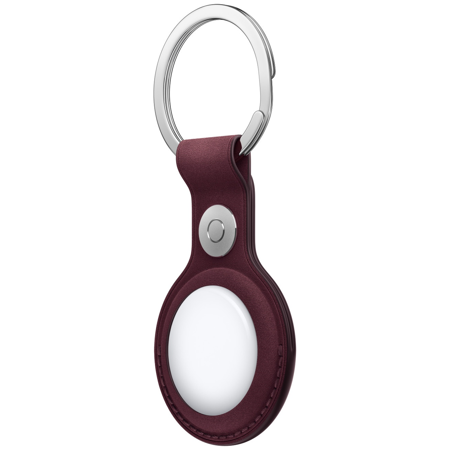 Un porte-clés rond rouge foncé avec un cercle blanc, un bouton-pression en métal et un anneau argenté.