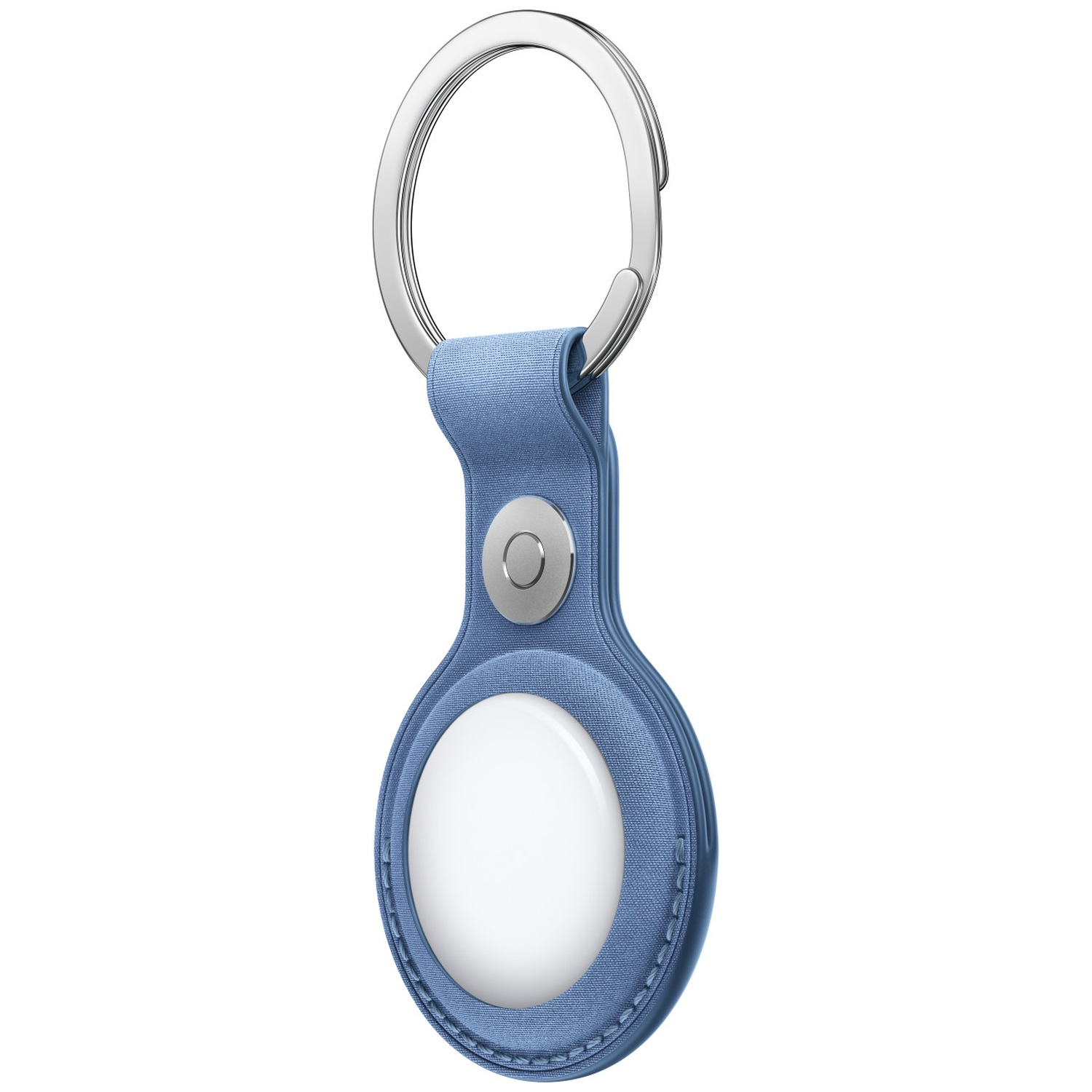 Un porte-clés en tissu bleu contenant un appareil blanc rond avec un anneau brisé argenté sur fond blanc.
