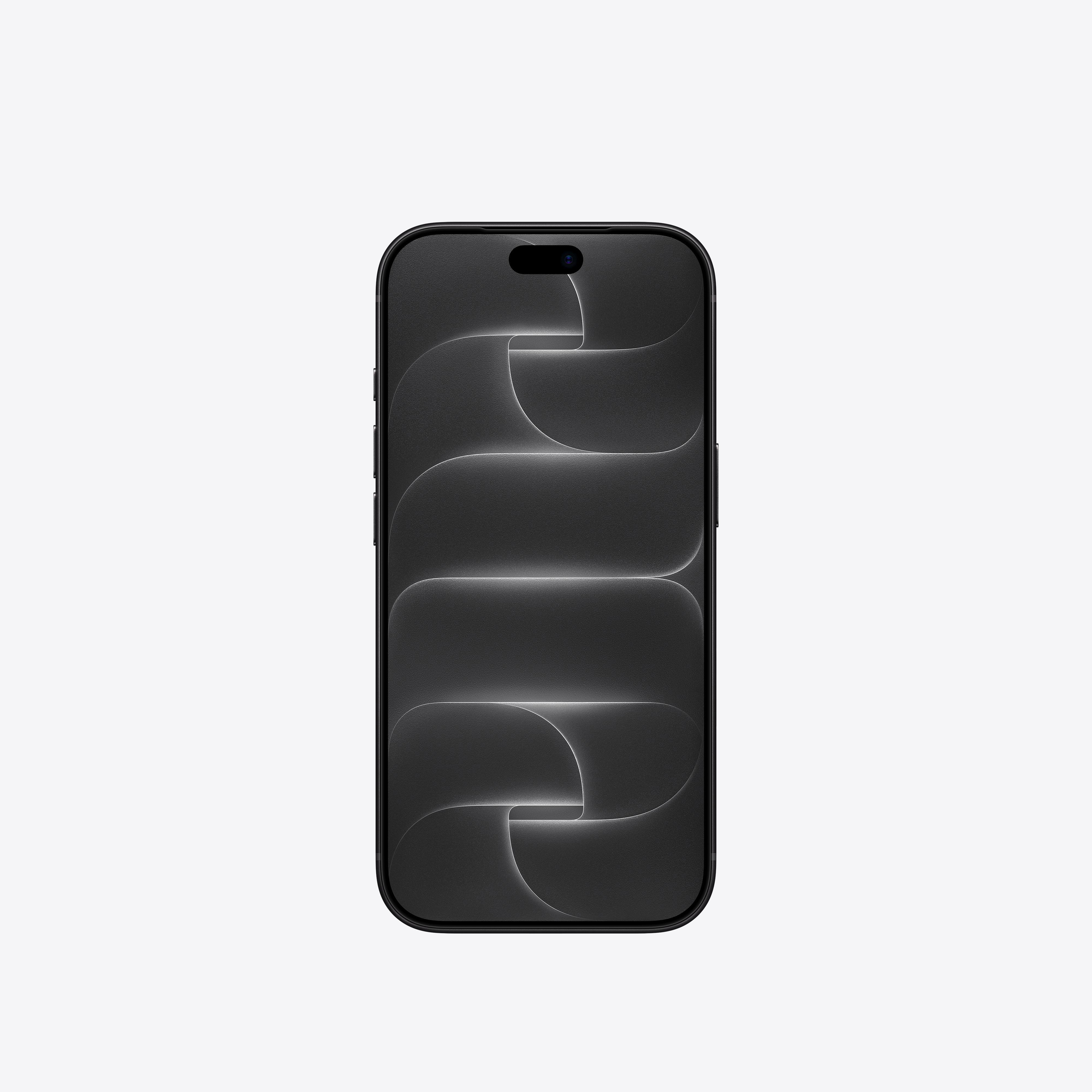 Ein schwarzes Smartphone mit dunklem abstraktem Wellen-Hintergrundbild vor grauem Hintergrund.