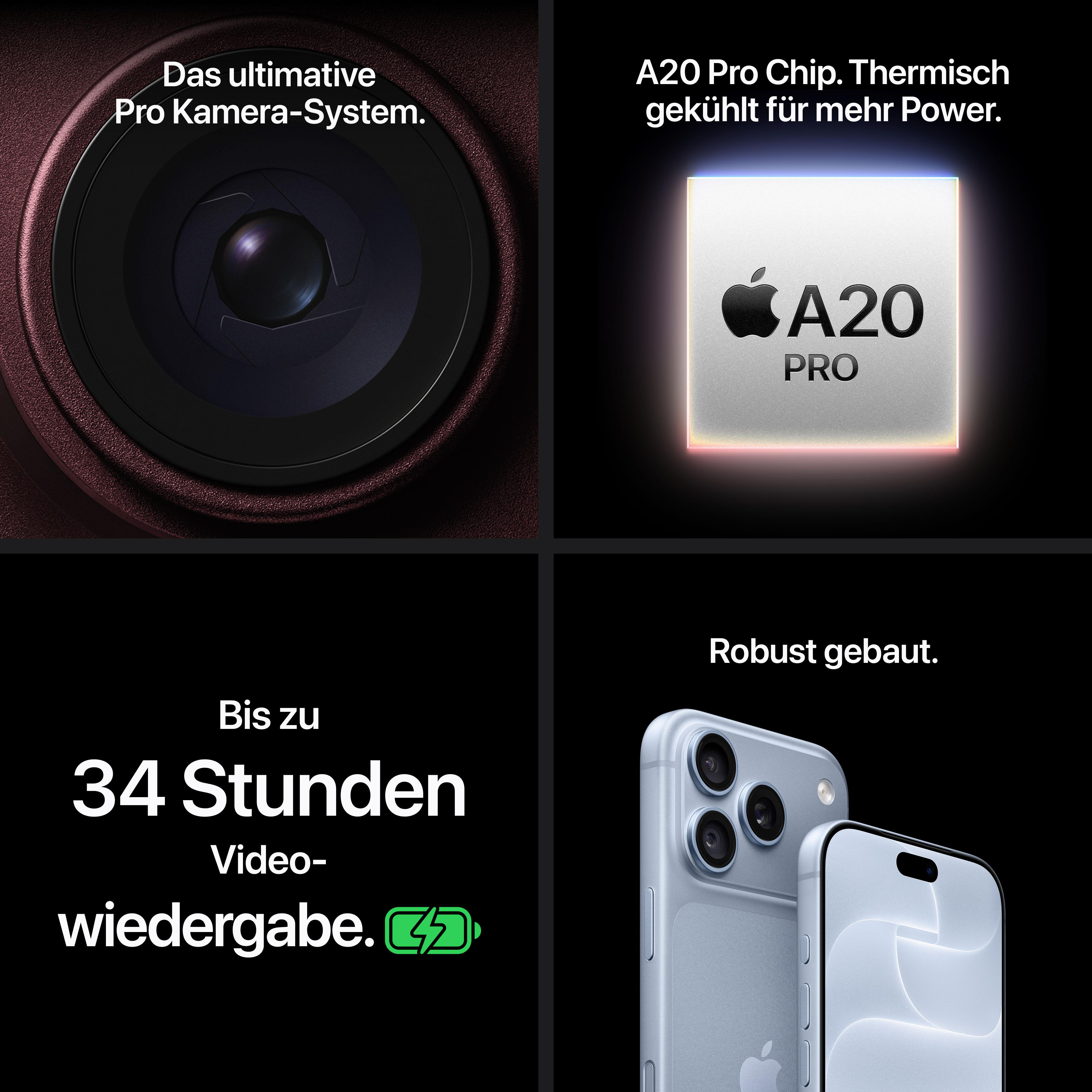 Vier Bilder zeigen Kamera, Chip, Batterielaufzeit und Gehäuse eines neuen Smartphones.