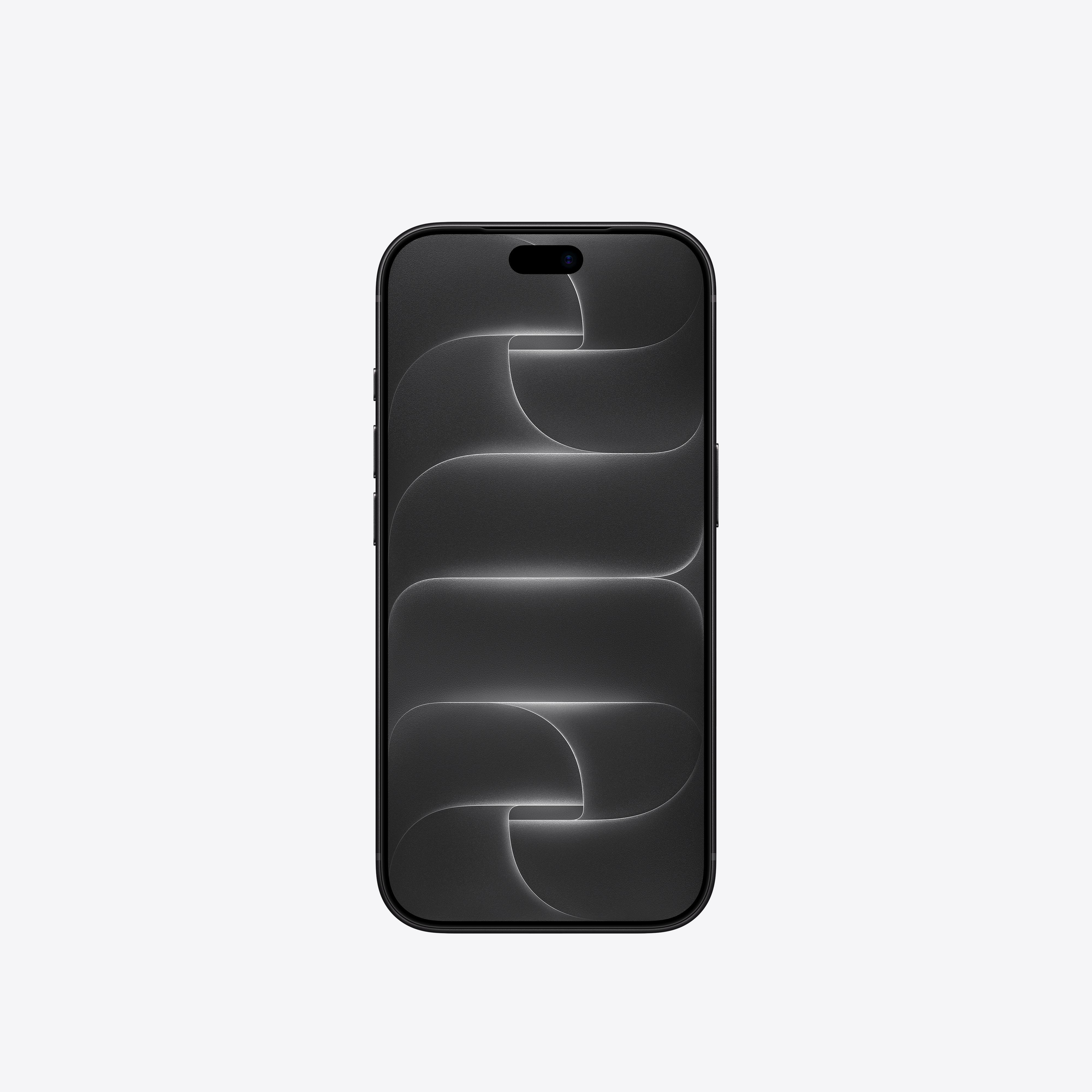Ein schwarzes Smartphone mit dunklem abstrakten Hintergrund mit geschwungenen Linien und einer pillenförmigen Aussparung.