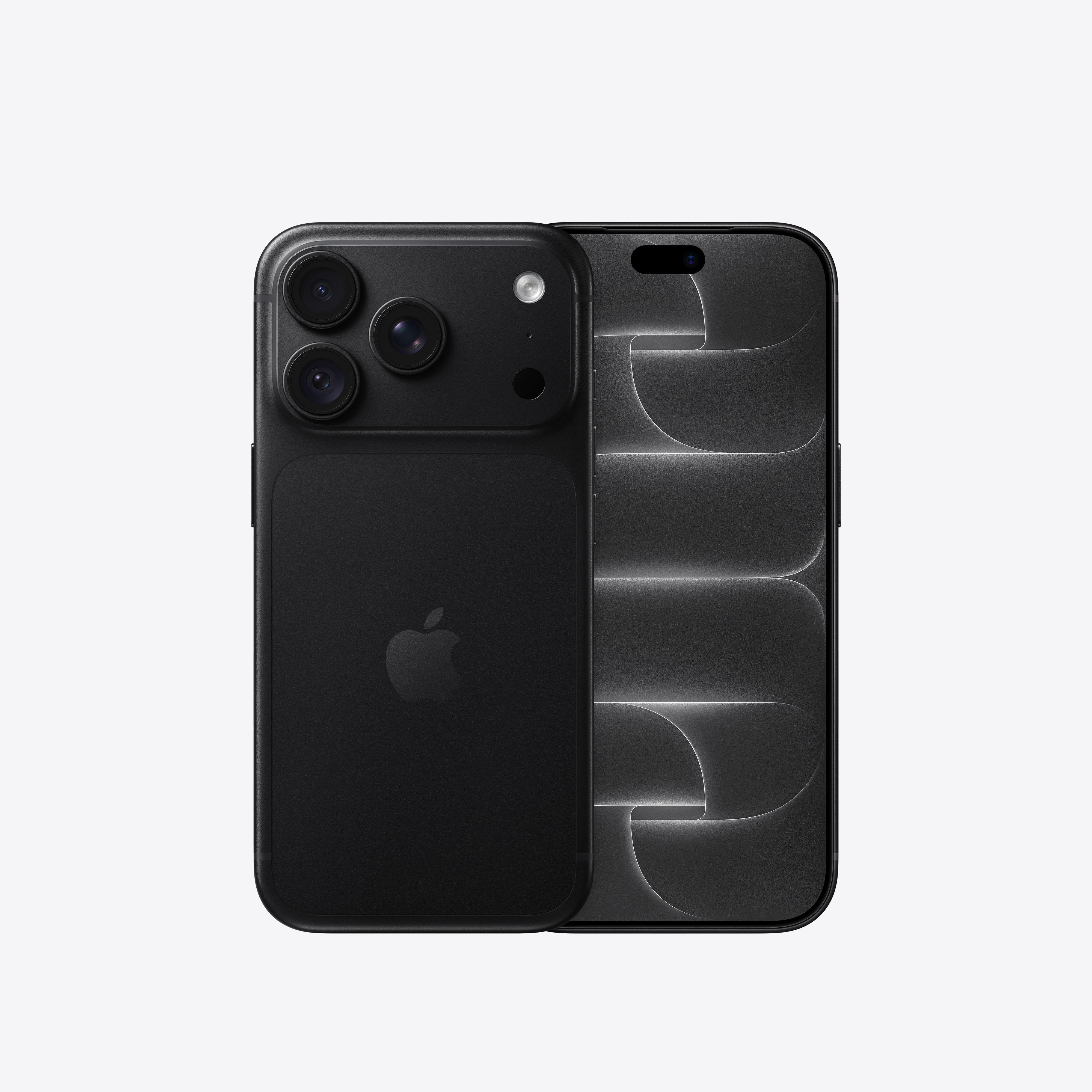 Zwei schwarze iPhones nebeneinander auf weißem Hintergrund, eins zeigt die Rückseite mit drei Kameras, eins die Vorderseite.