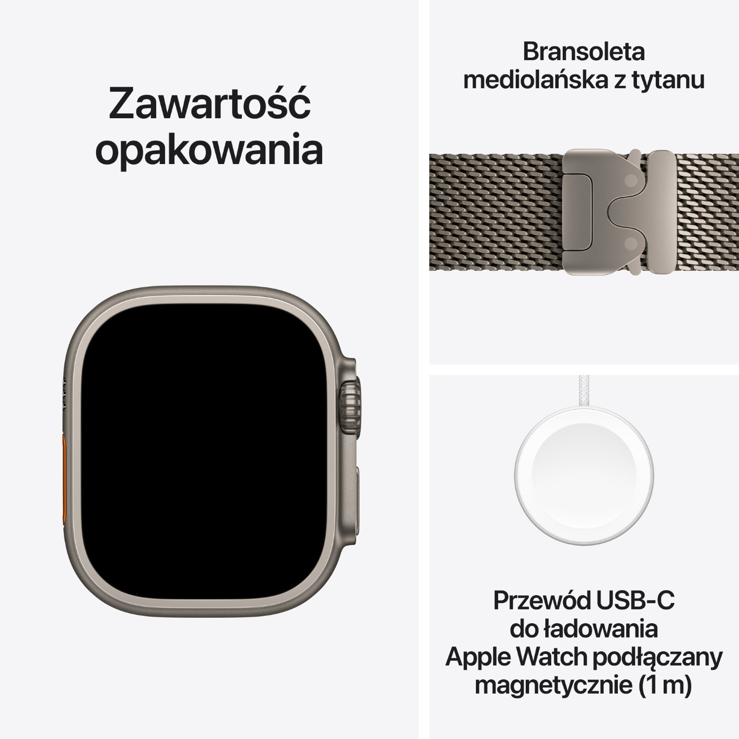 Zawartość opakowania z zegarkiem Apple Watch, tytanową bransoletą mediolańską i magnetycznym przewodem USB-C.
