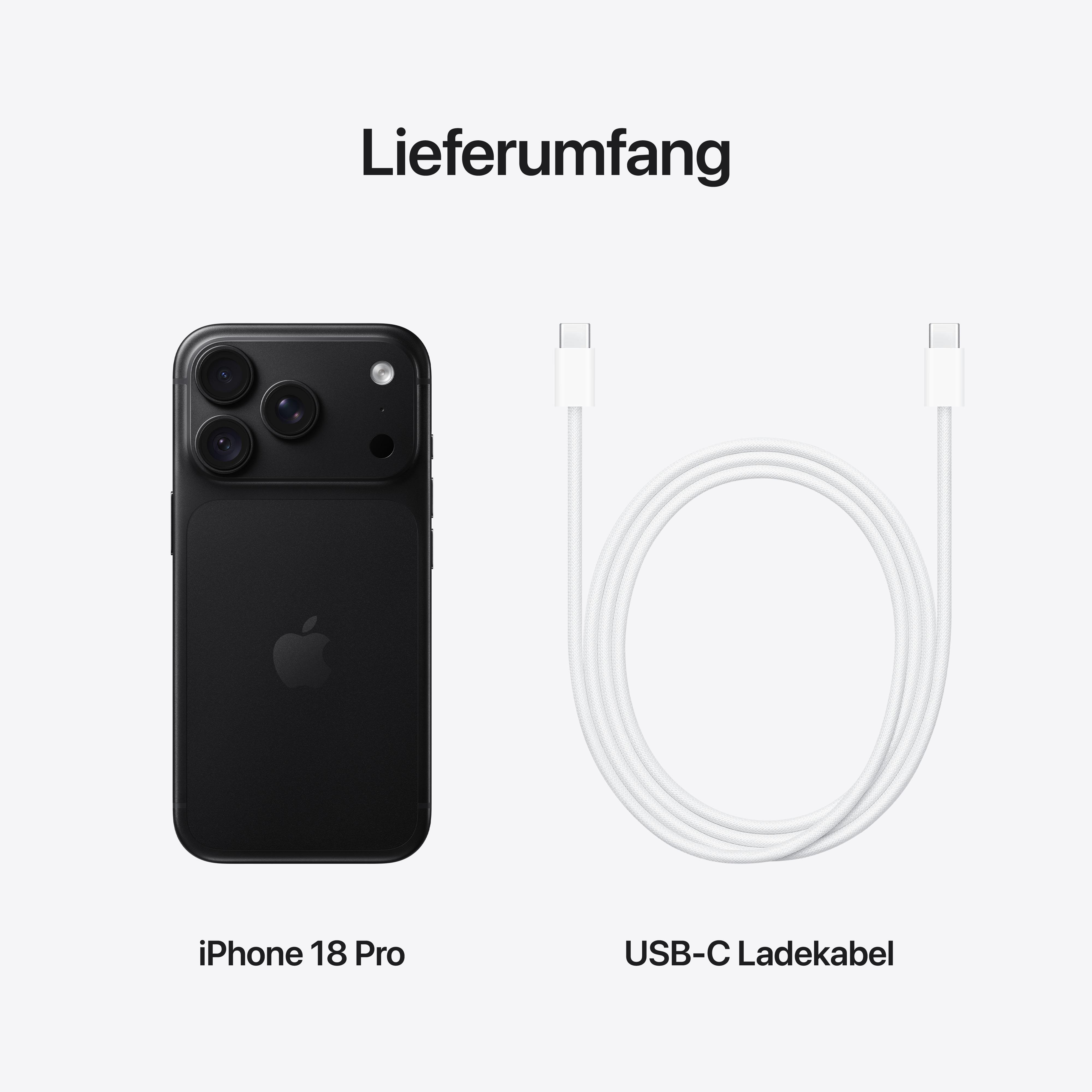 Lieferumfang: Ein schwarzes iPhone 18 Pro und ein weißes USB-C Ladekabel auf hellem Hintergrund.