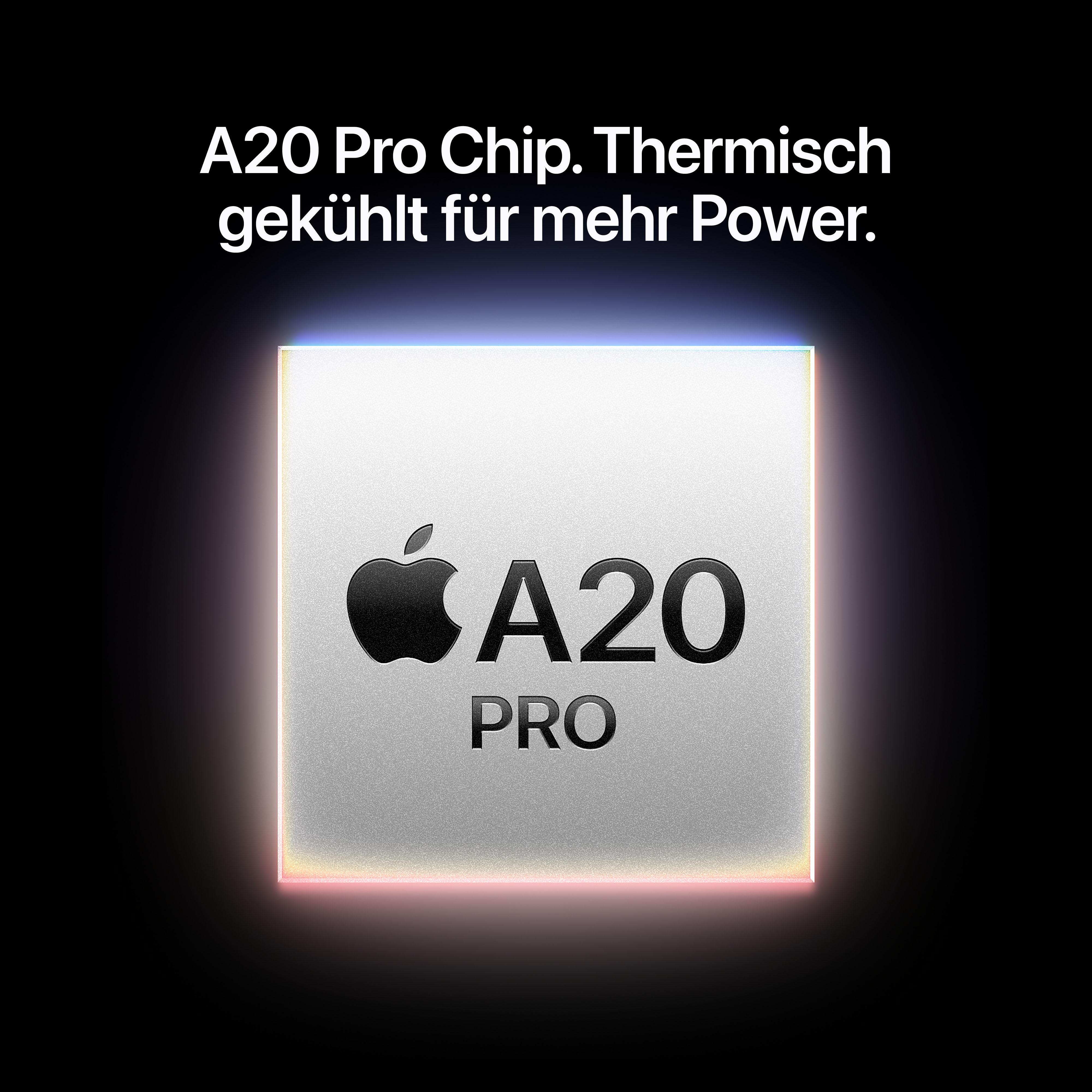 A20 Pro Chip mit Apple-Logo auf schwarzem Hintergrund und Text: Thermisch gekühlt für mehr Power.