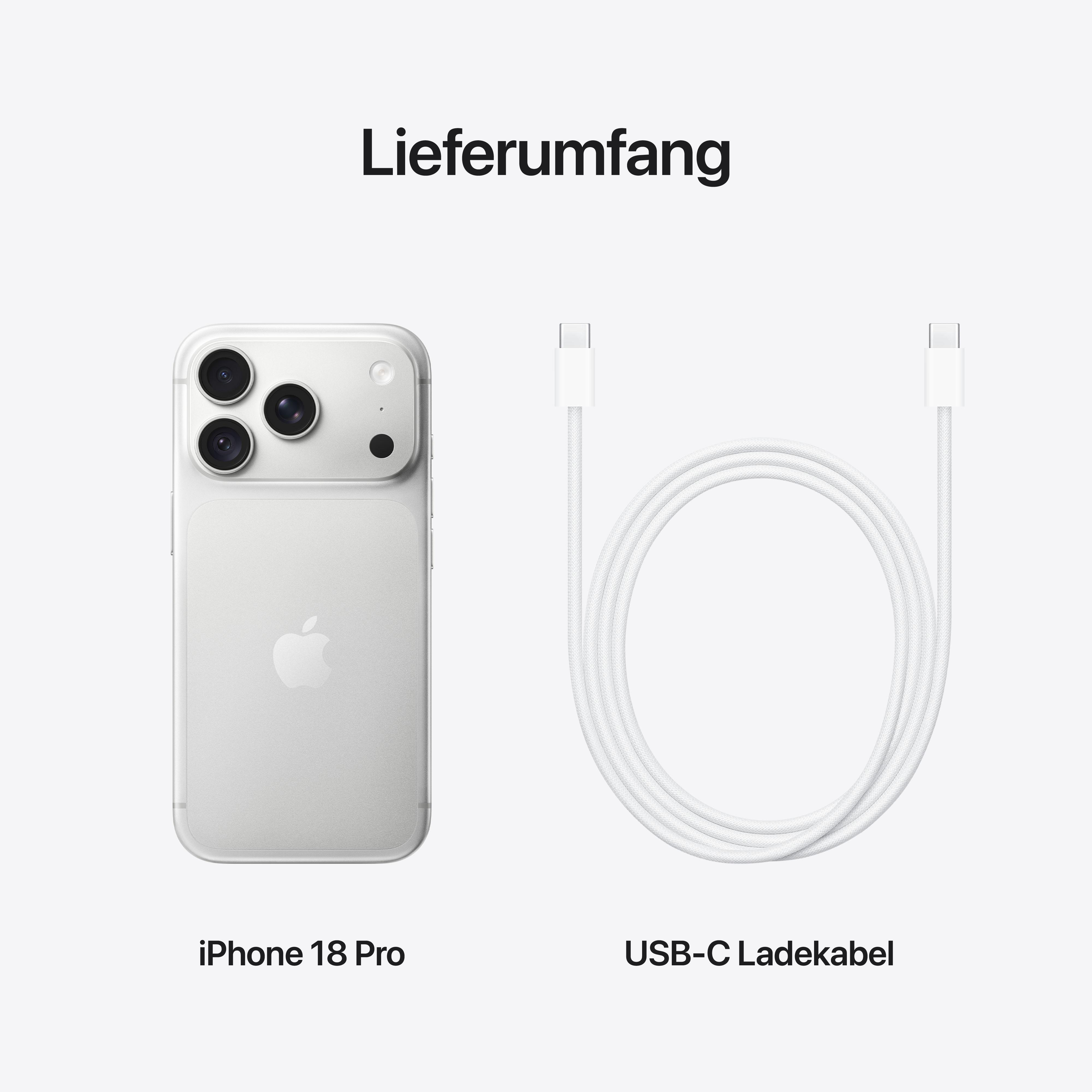 Lieferumfang: Ein silbernes iPhone 18 Pro und ein weißes USB-C Ladekabel auf hellem Hintergrund.