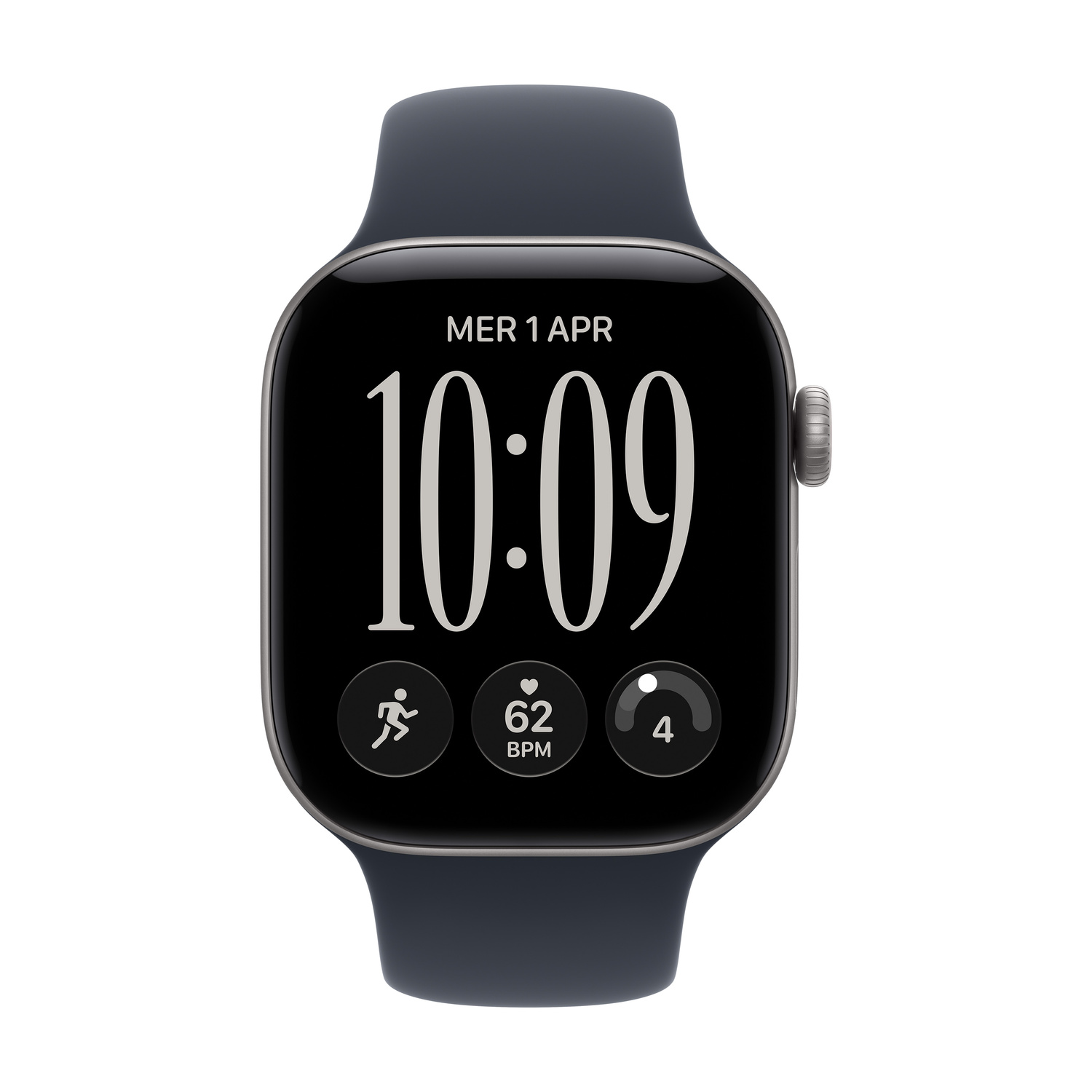 Uno smartwatch nero con quadrante digitale, ora grande 10:09, data e statistiche di fitness.
