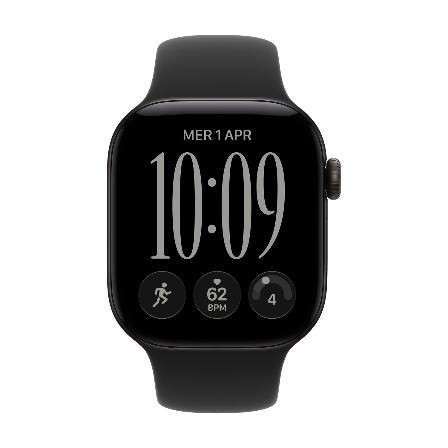 Uno smartwatch nero mostra l'ora 10:09, la data e metriche di salute su schermo scuro.