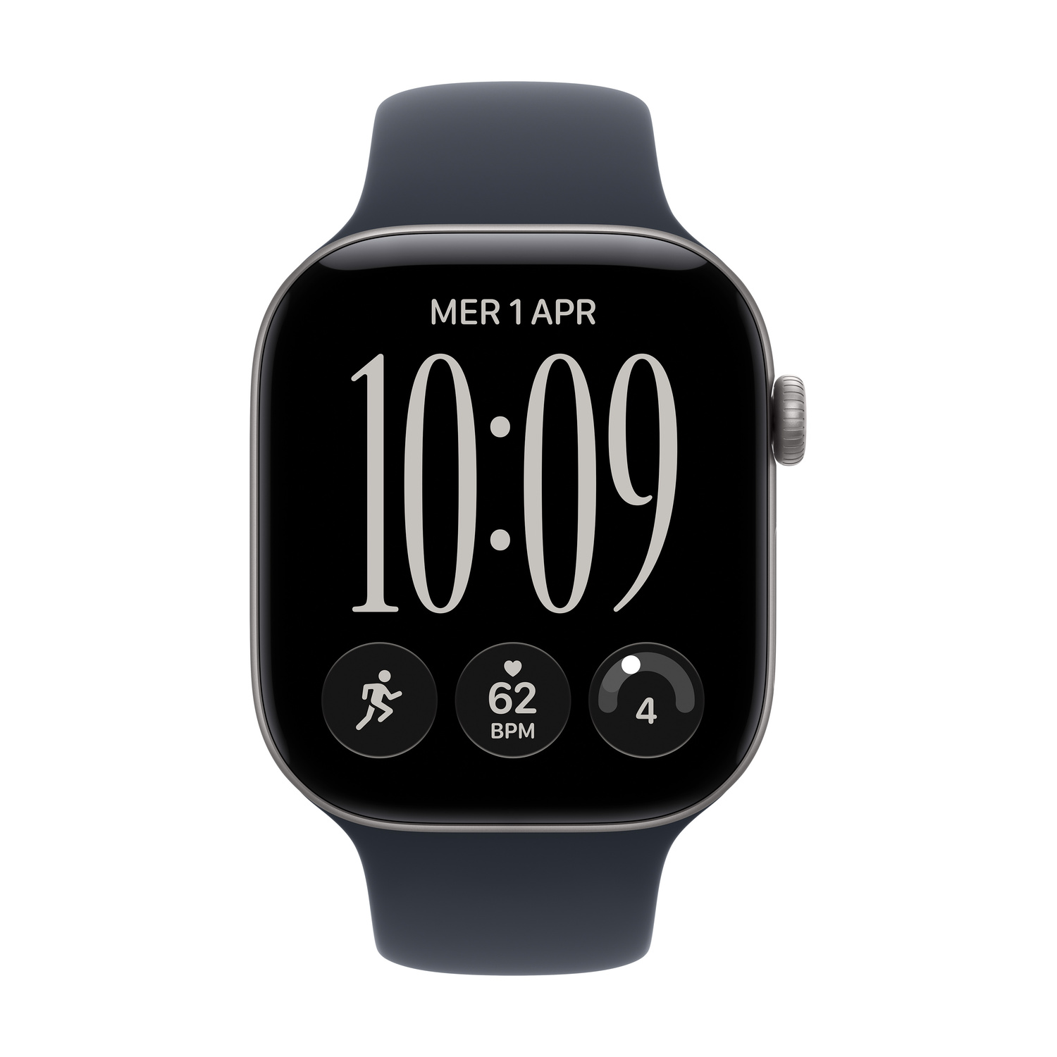 Uno smartwatch nero con cinturino grigio scuro mostra l'ora 10:09, la data e metriche di fitness.
