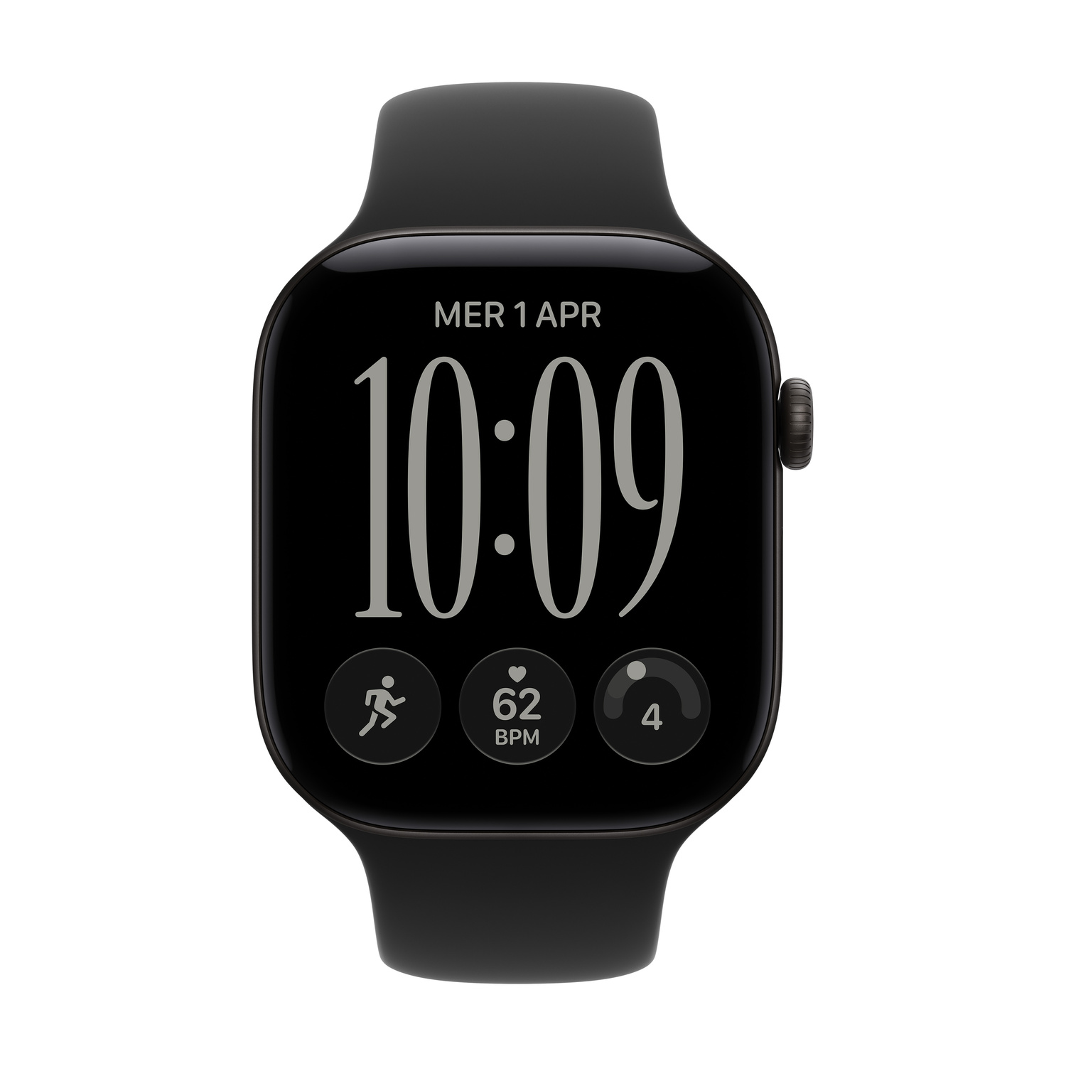 Smartwatch nero con quadrante digitale che mostra le 10:09 e dati sulla salute.