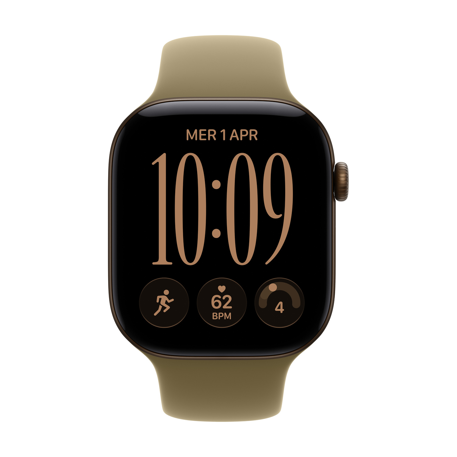 Uno smartwatch verde oliva con display nero che mostra le 10:09 e dati sulla salute.
