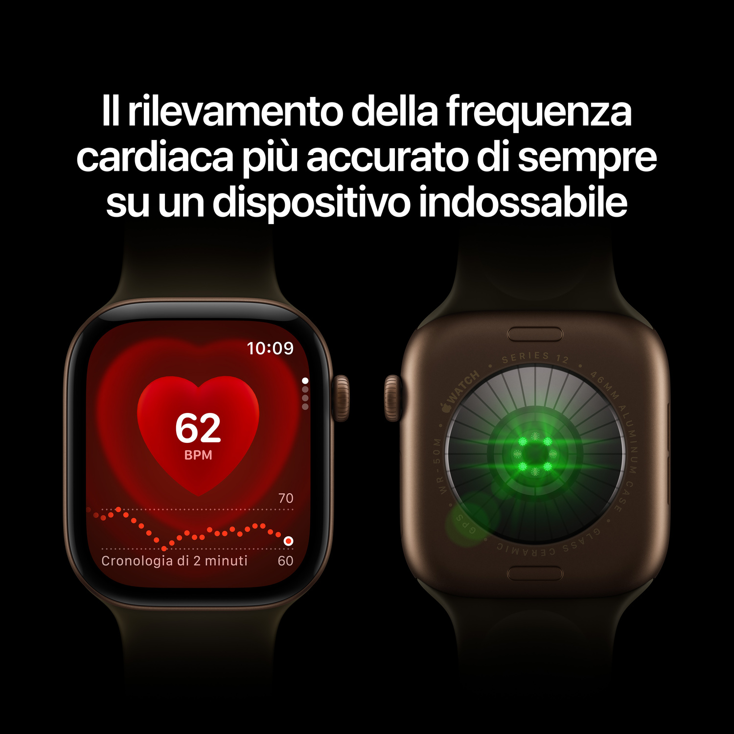 Due viste di uno smartwatch mostrano la schermata della frequenza cardiaca e il sensore verde sul retro.