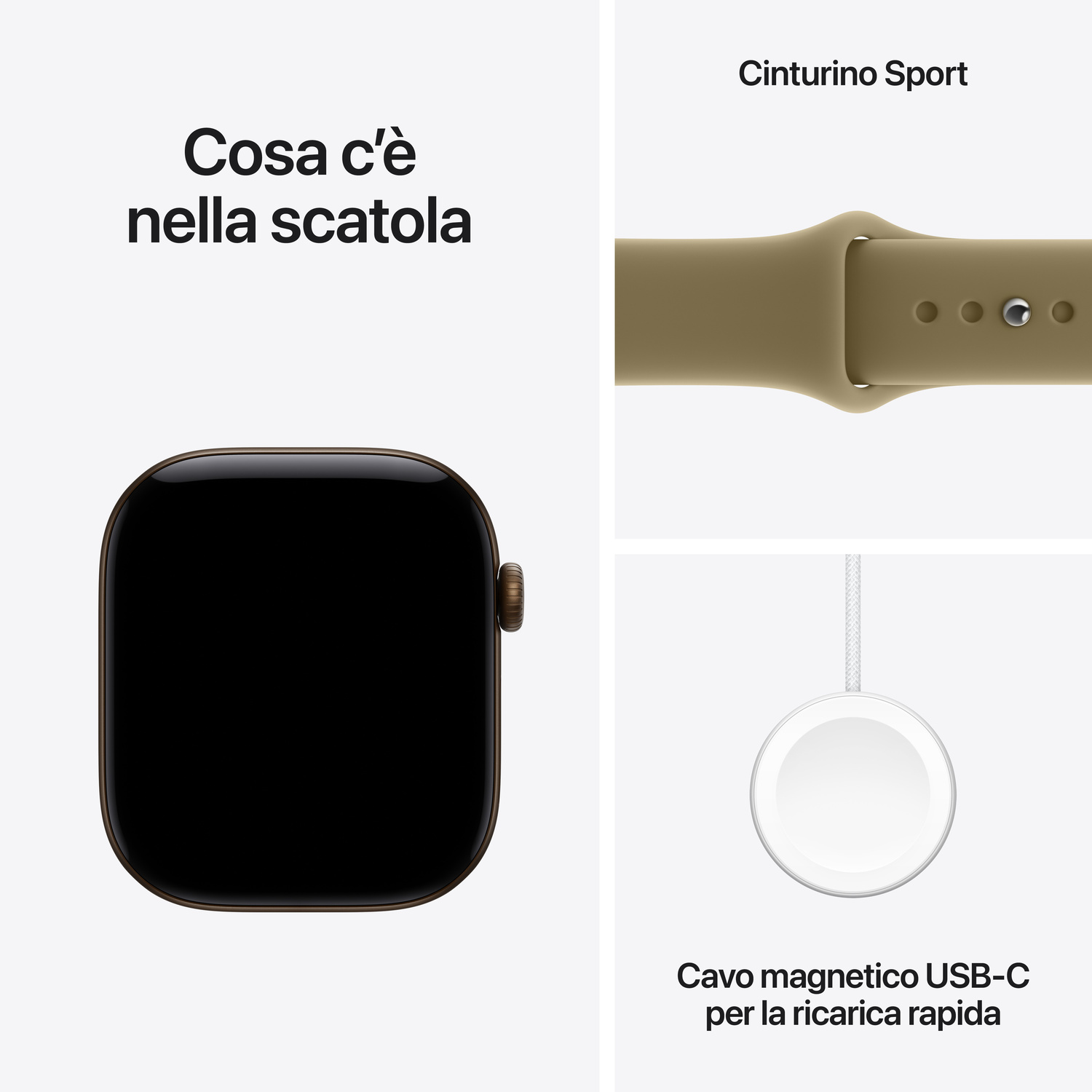 Grafica che mostra Apple Watch, cinturino sport e cavo di ricarica USB-C.