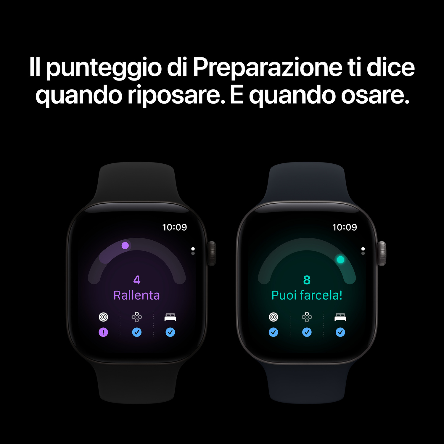 Due smartwatch mostrano punteggi di preparazione all'allenamento su sfondo nero.