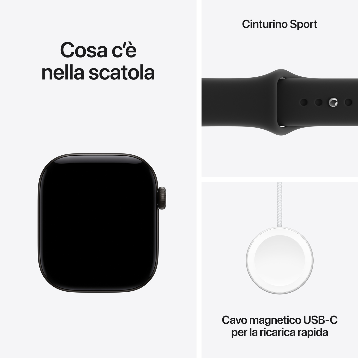 Contenuto della confezione di Apple Watch con cassa, cinturino sportivo e cavo di ricarica rapida USB-C.