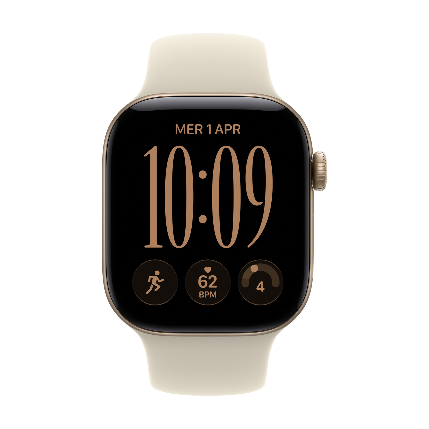 Uno smartwatch dorato con cinturino in silicone chiaro mostra un quadrante con ora grande e dati fitness.