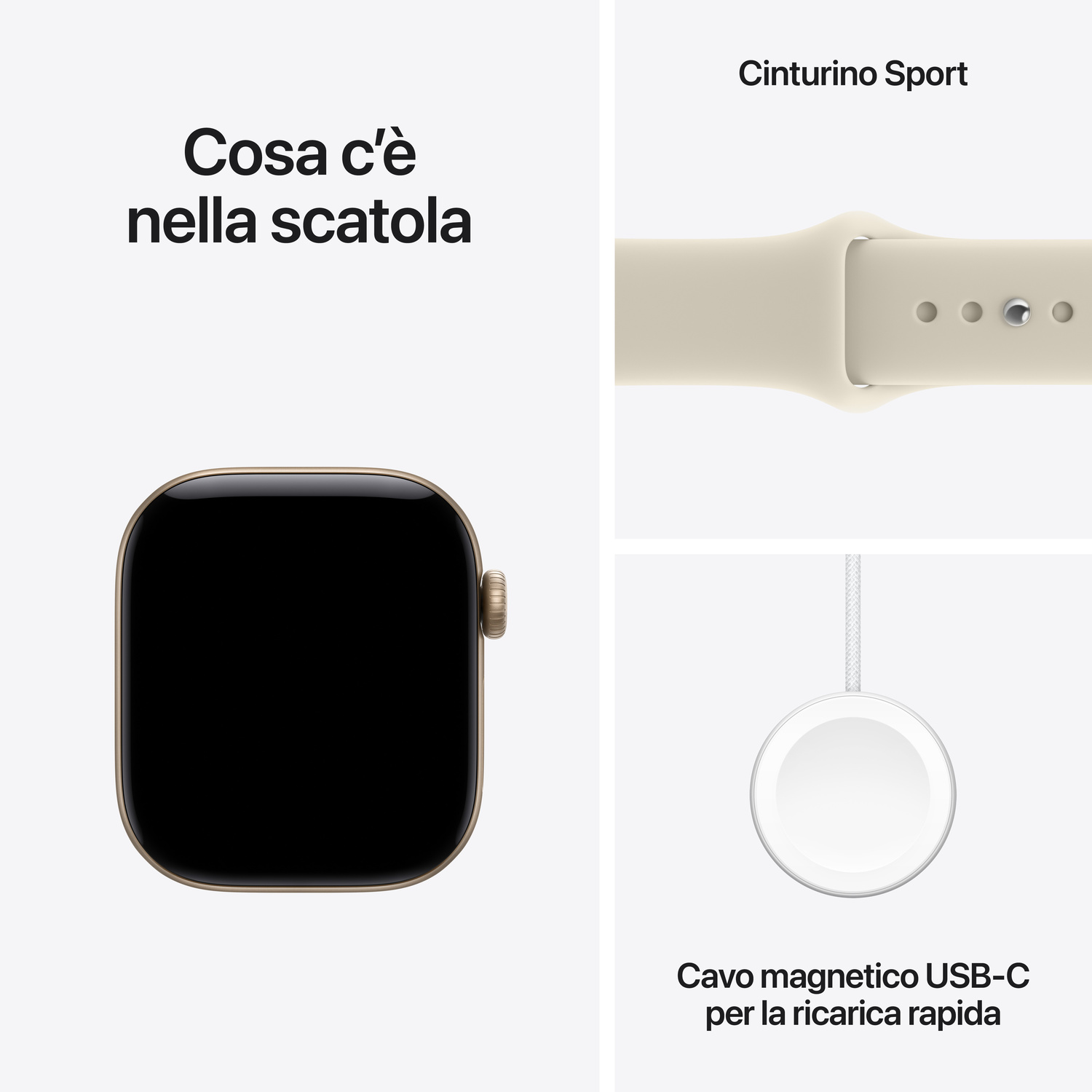 Contenuto della confezione di Apple Watch con orologio, cinturino sportivo e cavo.