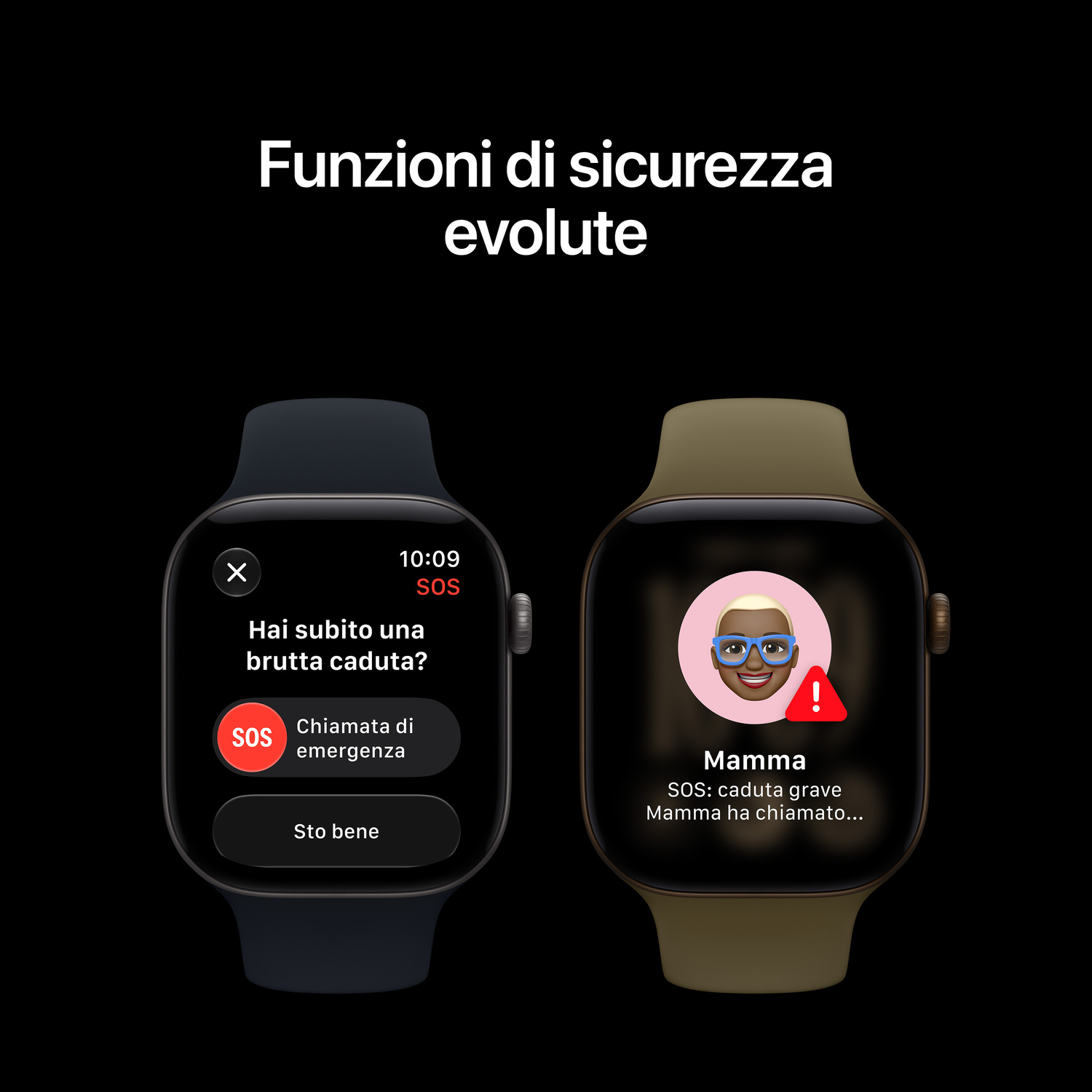 Due smartwatch mostrano notifiche italiane di emergenza e rilevamento cadute su sfondo nero.