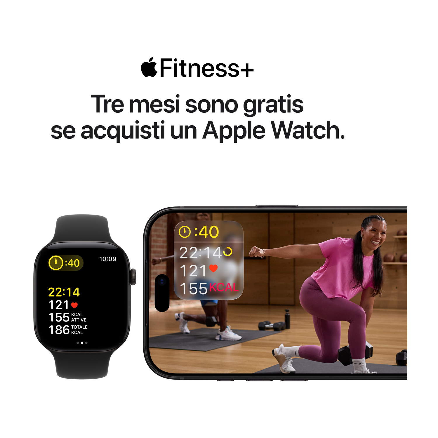 Promo Apple Fitness+ con Apple Watch e iPhone che mostrano metriche di allenamento.