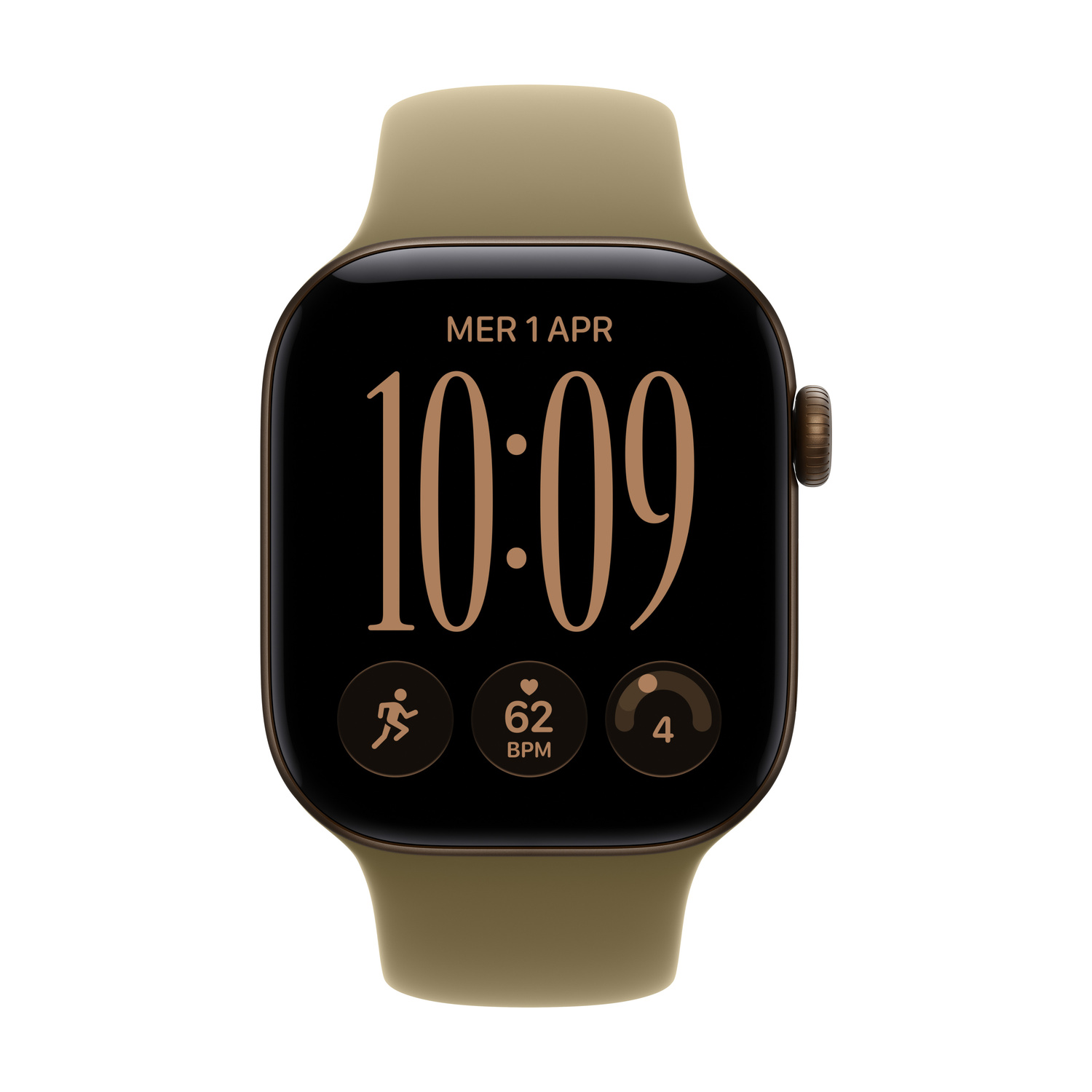 Uno smartwatch con cinturino verde oliva, cassa marrone e display digitale che mostra l'ora 10:09 e dati fitness.