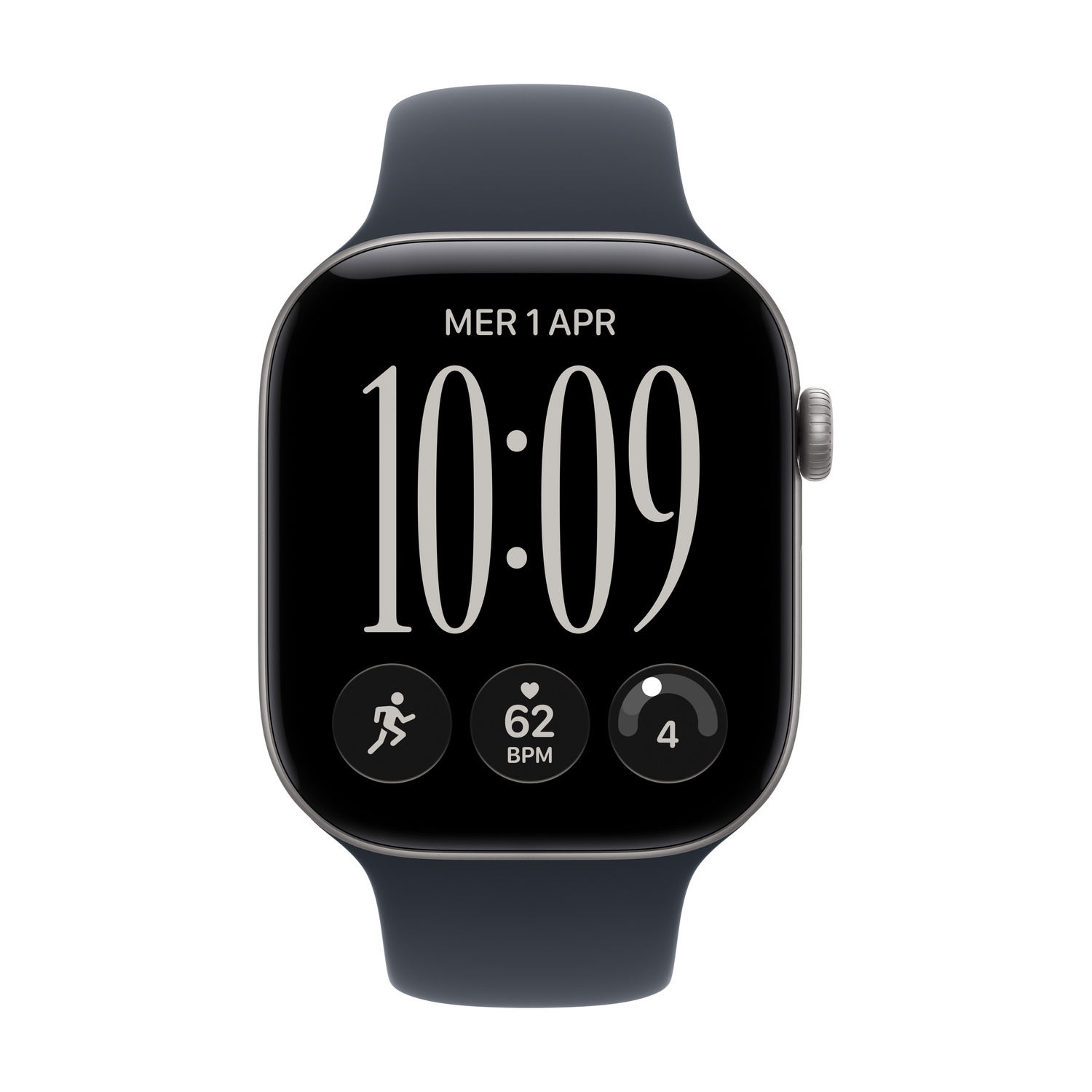 Uno smartwatch nero con cinturino grigio scuro mostra l'ora 10:09, la data e i dati di fitness.