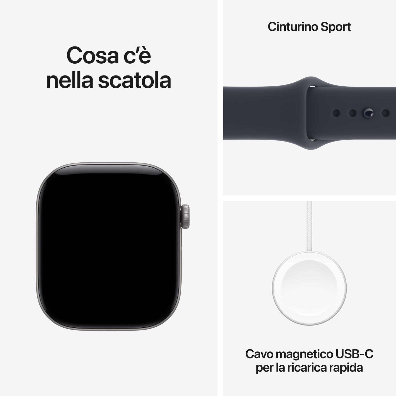 Contenuto della confezione Apple Watch con orologio, cinturino sport e cavo magnetico USB-C.