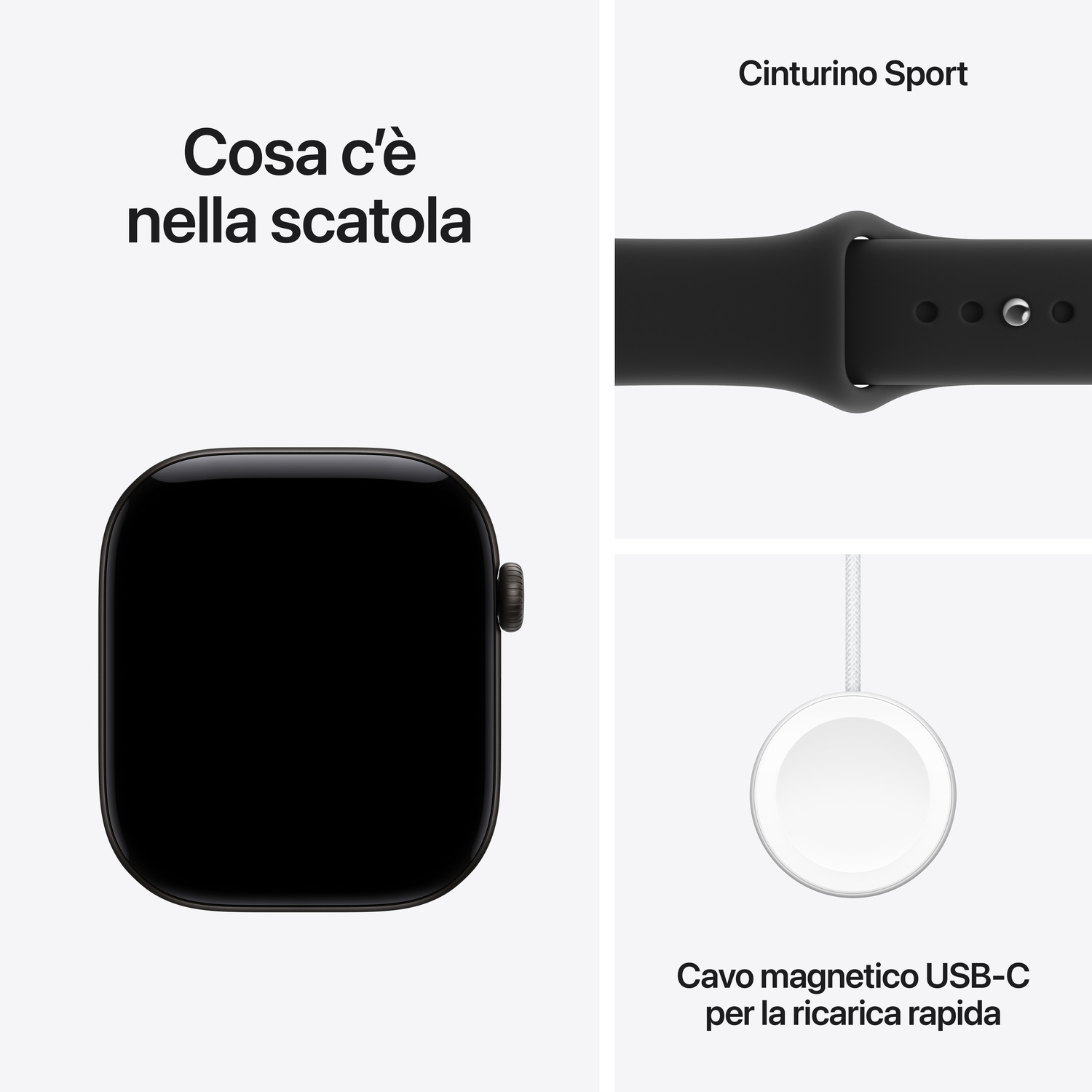 Contenuto della confezione con smartwatch, cinturino sport e cavo di ricarica rapida USB-C.