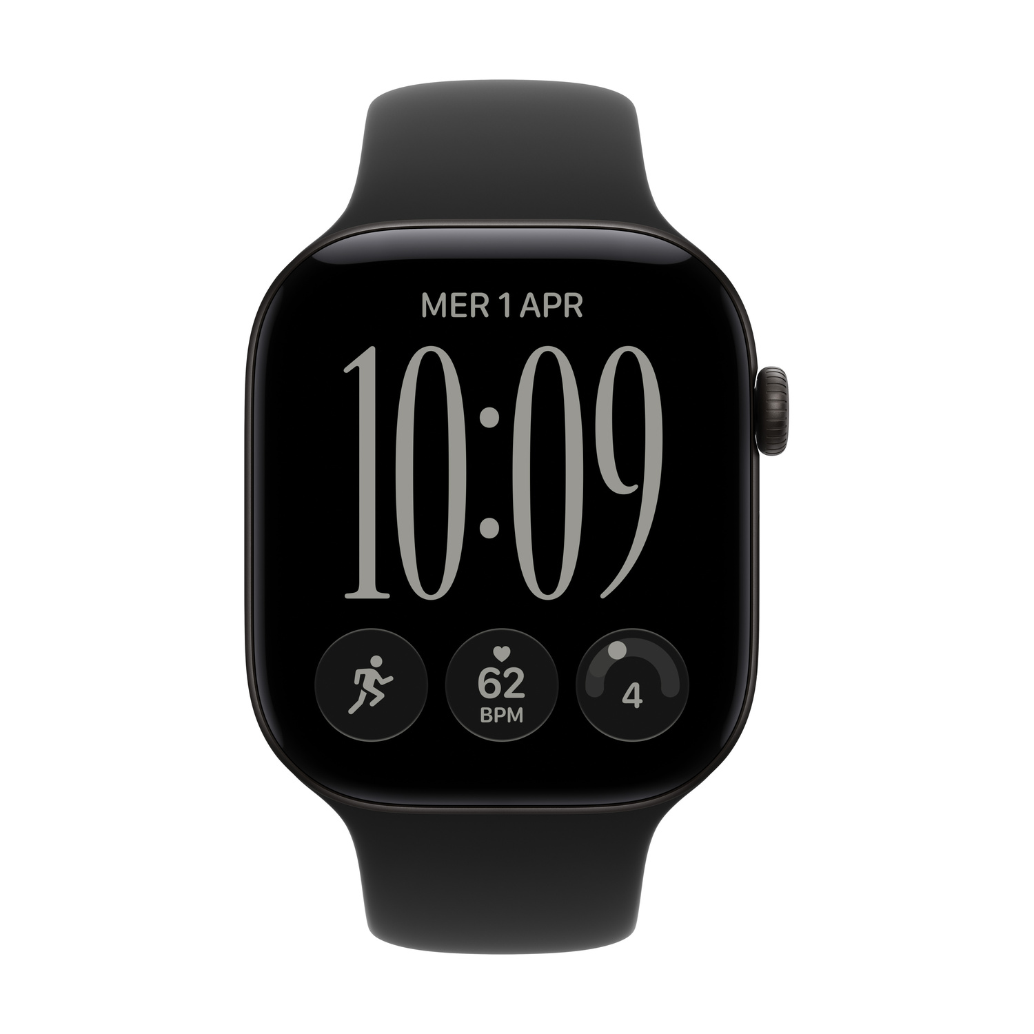 Uno smartwatch nero con display digitale che mostra ora, data, frequenza cardiaca e icone.