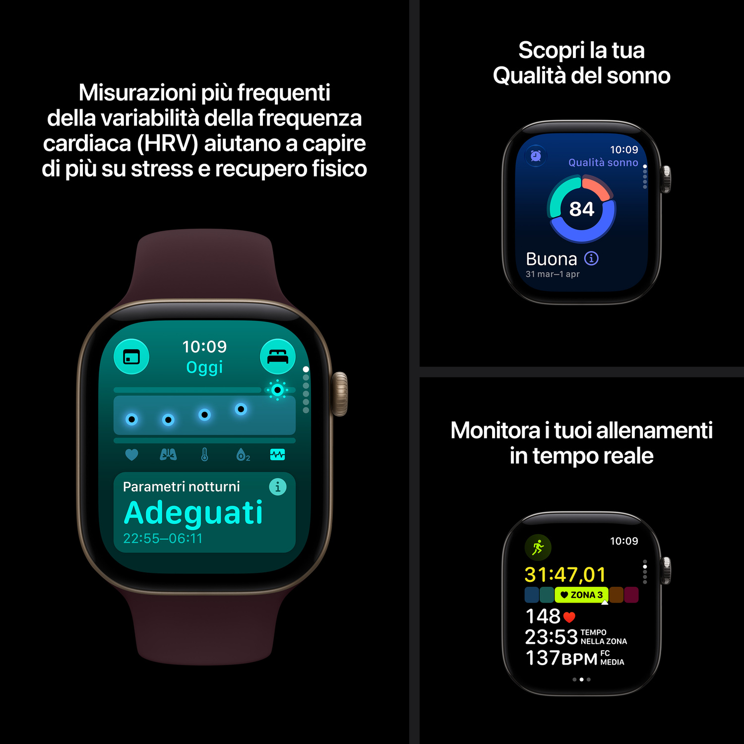 Schermi di uno smartwatch mostrano metriche HRV, qualità del sonno e monitoraggio dell'allenamento.