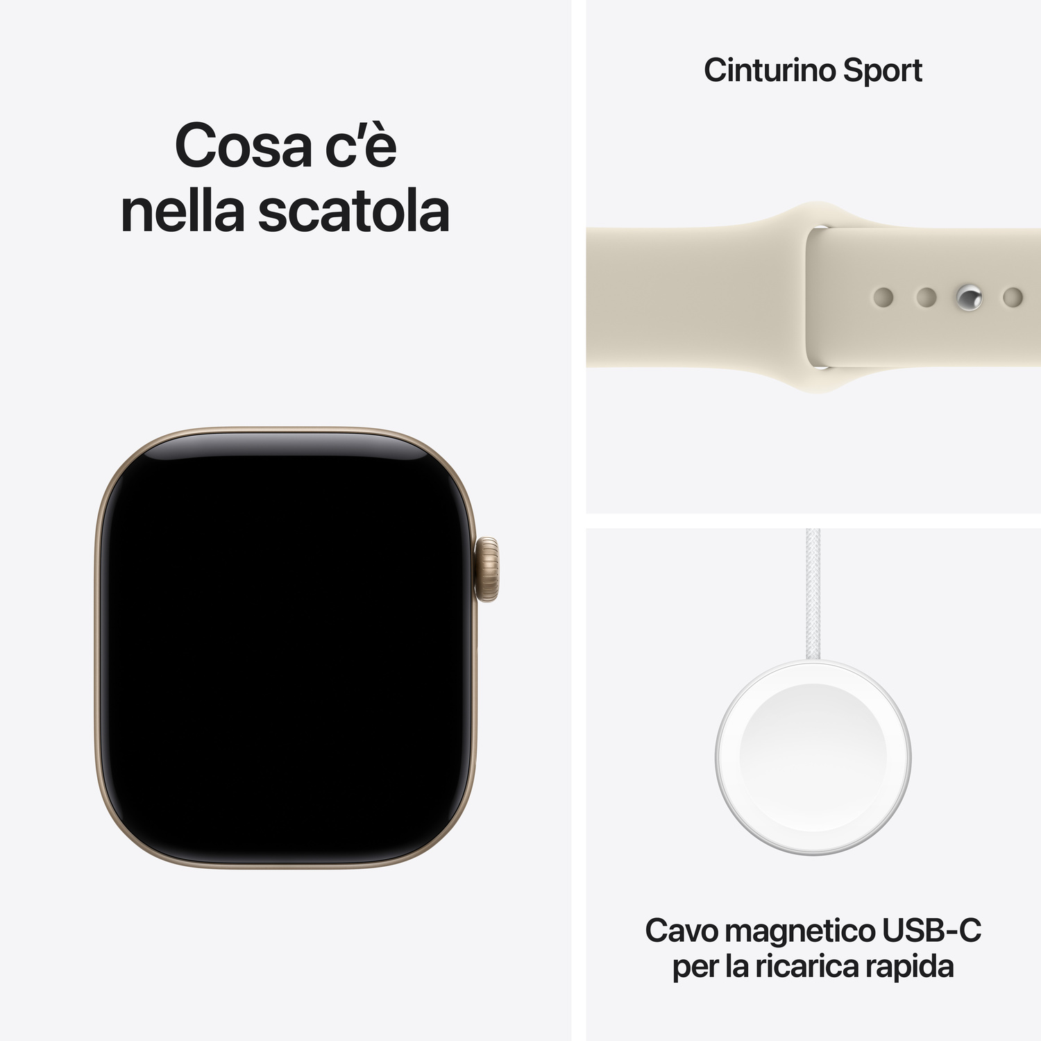 Contenuto della confezione di uno smartwatch con orologio, cinturino e cavo USB-C.