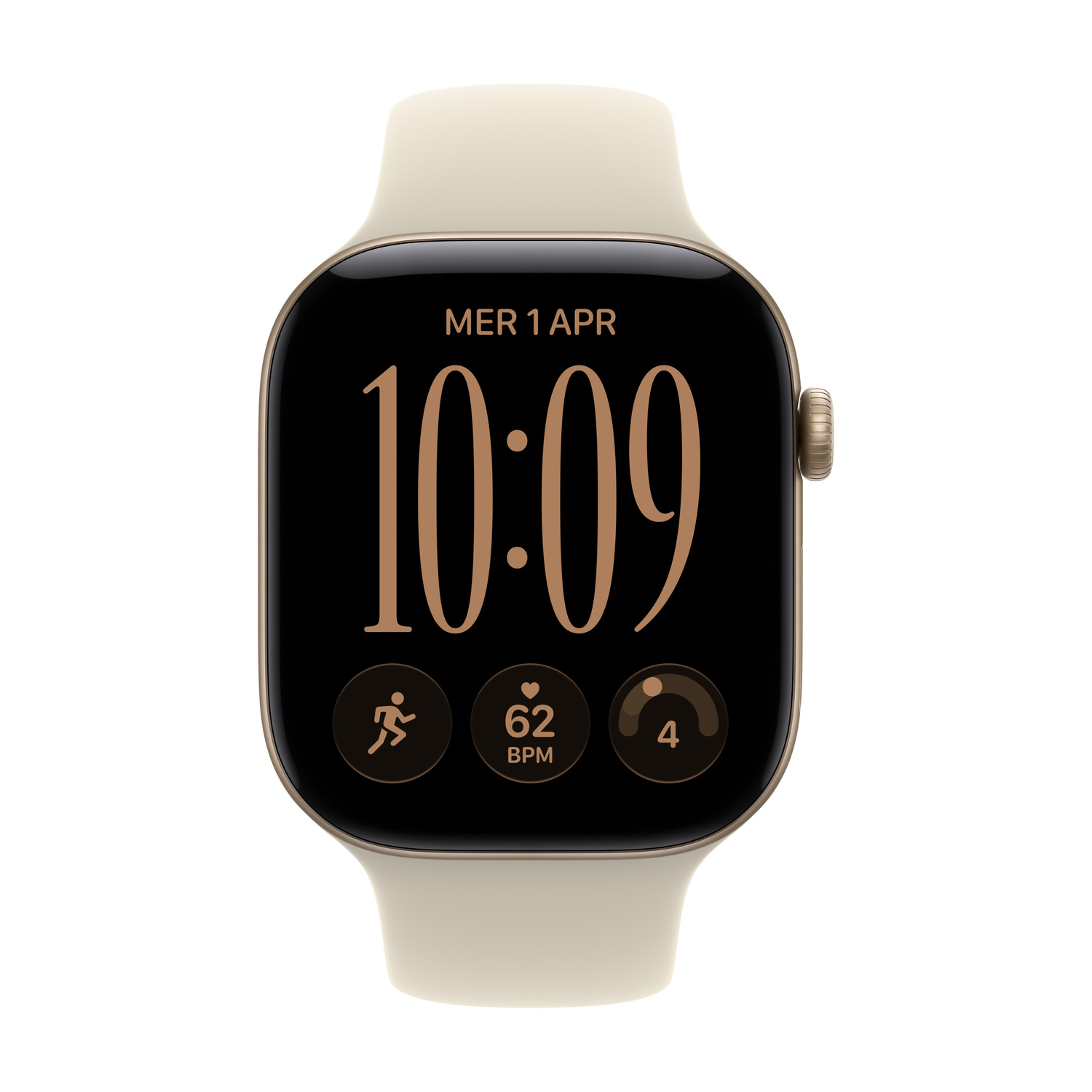 Uno smartwatch oro con cinturino bianco mostra l'ora 10:09 e dati di fitness sullo schermo nero.