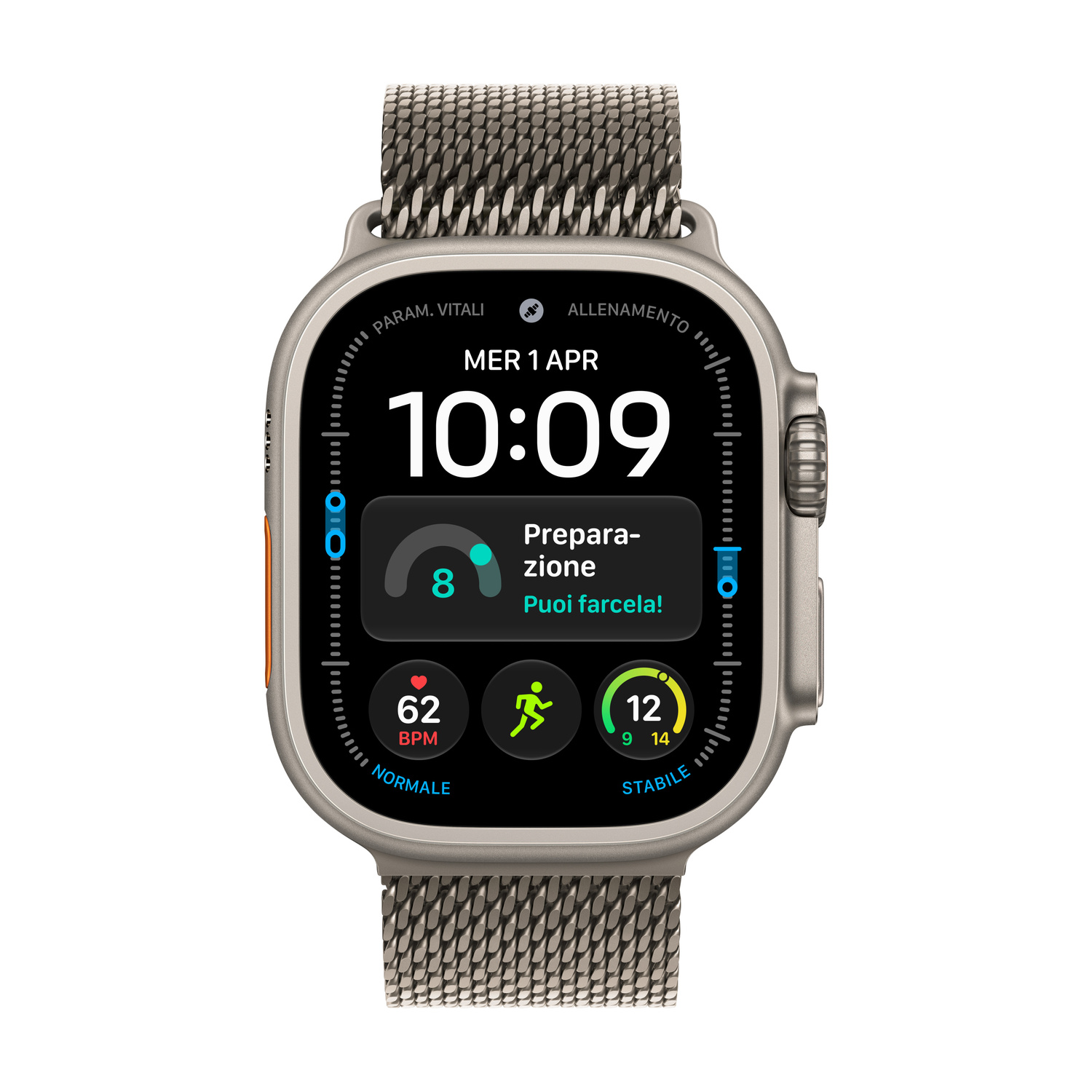 Uno smartwatch argento con cinturino in maglia grigia mostra le 10:09, la frequenza cardiaca e dati di allenamento.
